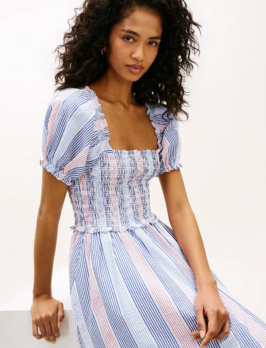 Tommy Hilfiger - GINGHAM SMOCK SS MIDI DRESS - midi kjoler - rwb multi stripe texture - 3