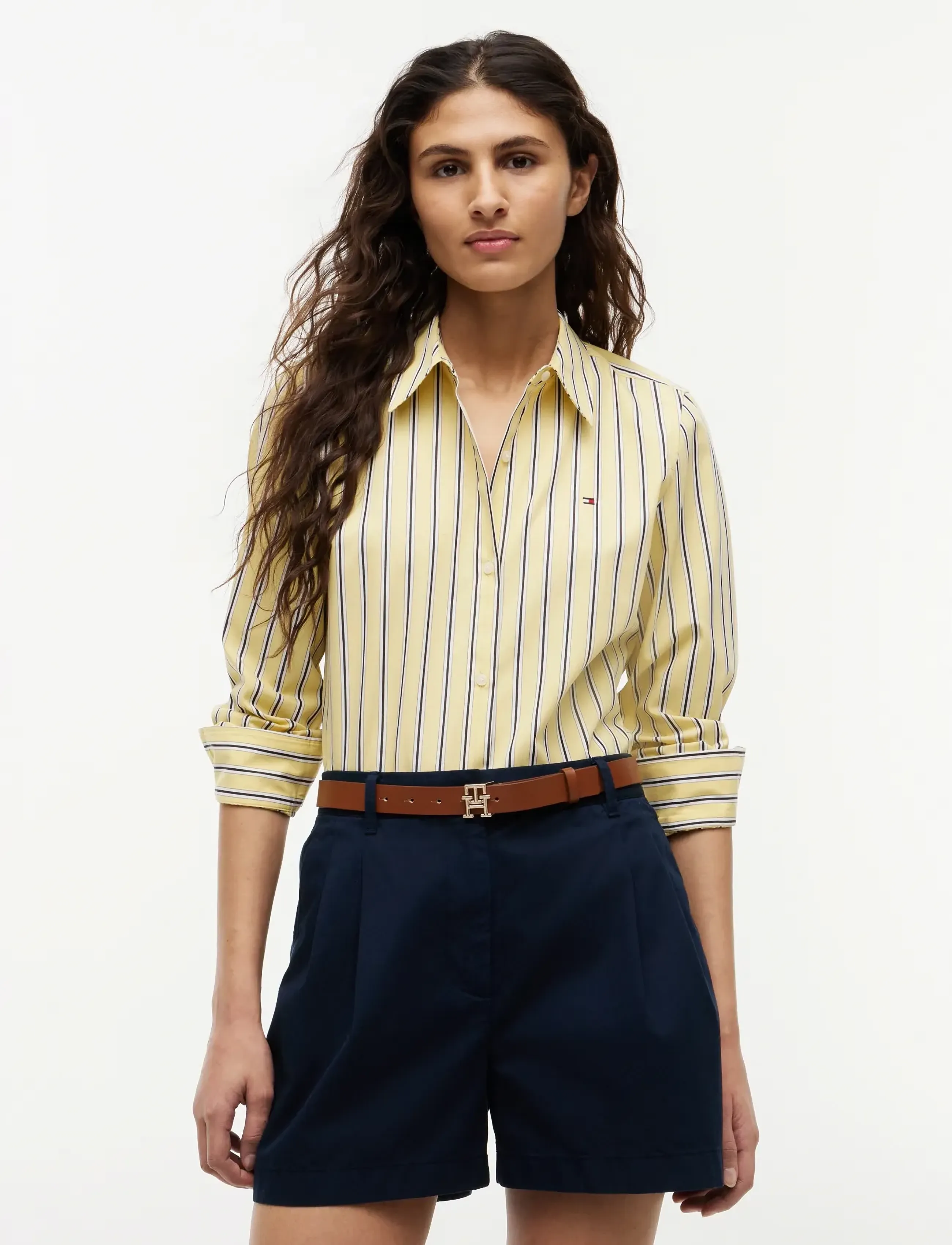 Tommy Hilfiger SUMMER POPLIN REGULAR SHIRT - Langärmlige Hemden - LIQUORICE STP CITRONELLA / yellow