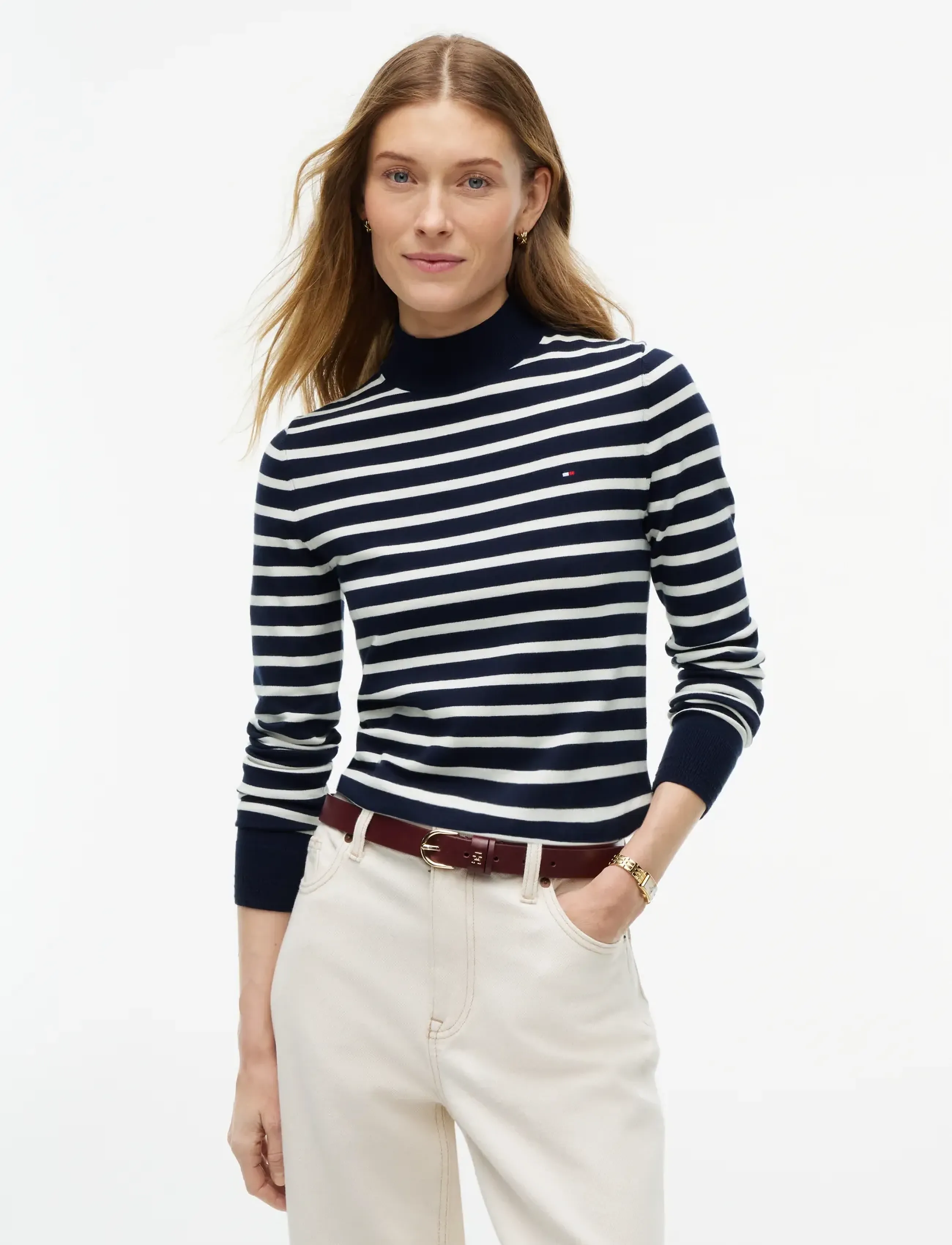 Tommy Hilfiger COTTON JERSEY SLIM MK-NK SWT - Tommy Hilfiger - STRIPE DARK BLUE   ECRU / navy