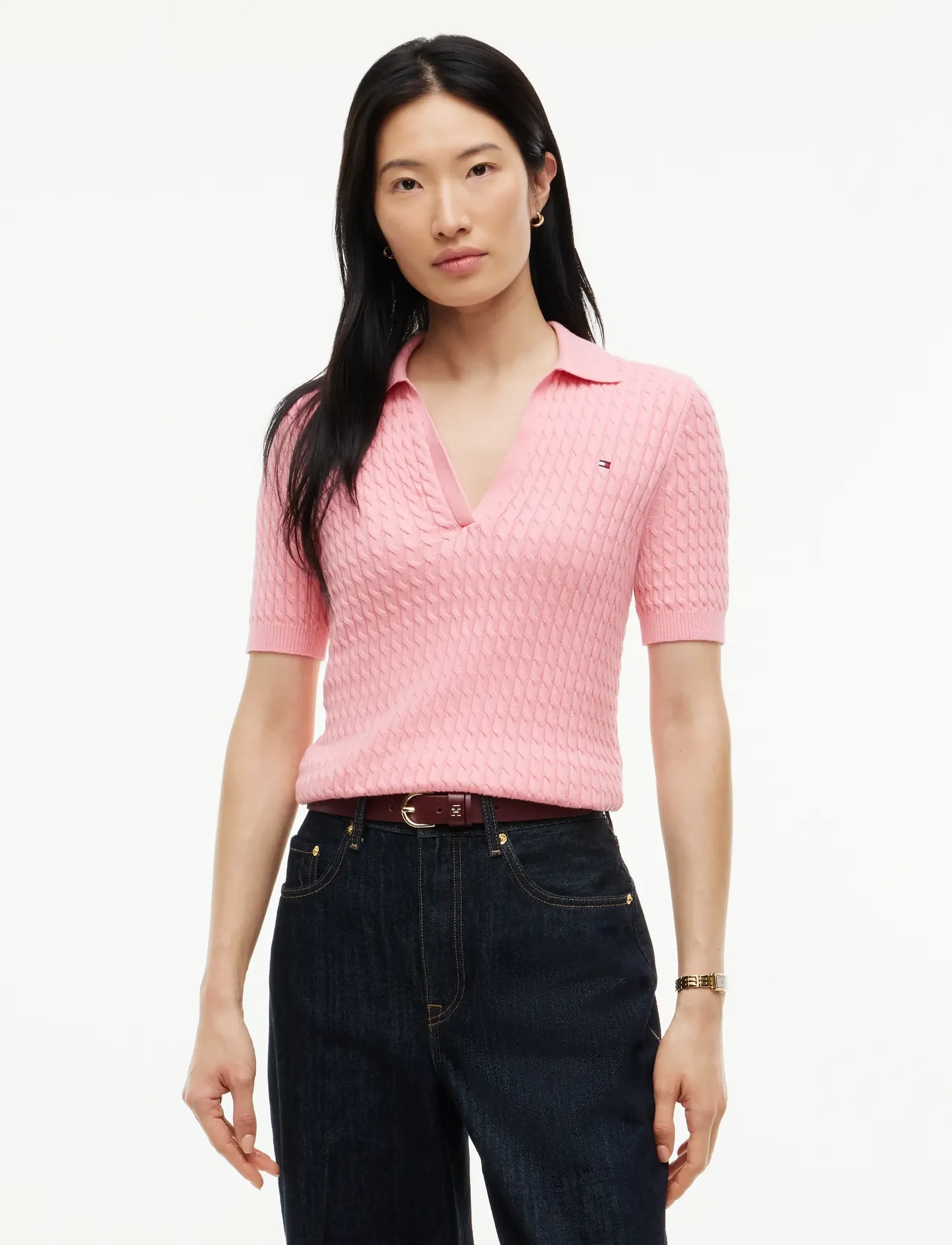 Tommy Hilfiger COTTON CABLE FINE GG SS POLO - T-shirts & Tops - CARNATION PINK / pink/rose
