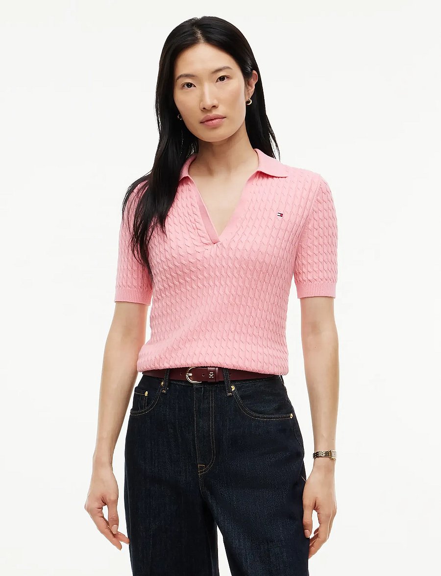 Tommy Hilfiger - COTTON CABLE FINE GG SS POLO - polo shirts - carnation pink - 0