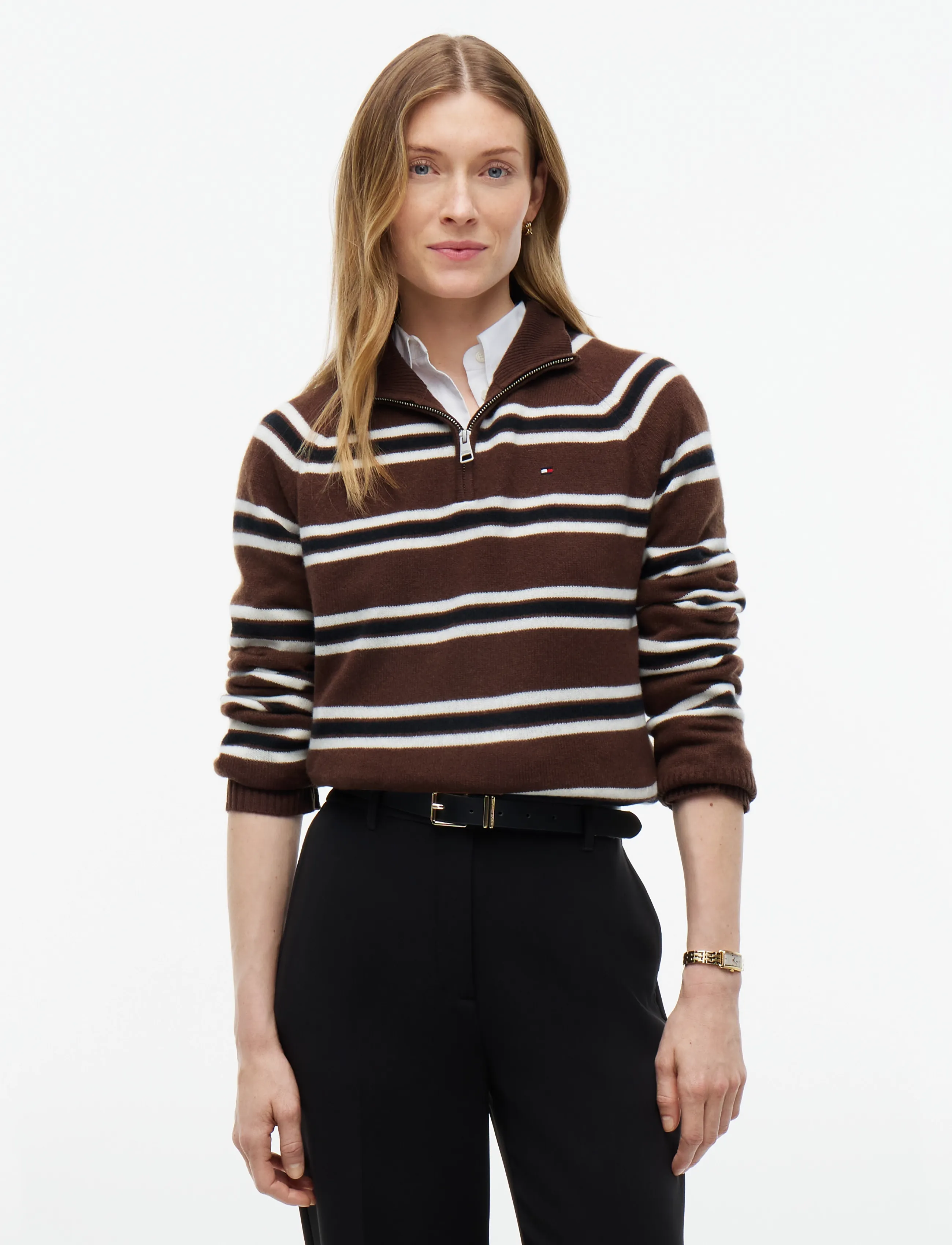 Tommy Hilfiger - SOFT WOOL JERSEY REG ZIP SWT - lewis stp legacy brown   ecru - 0