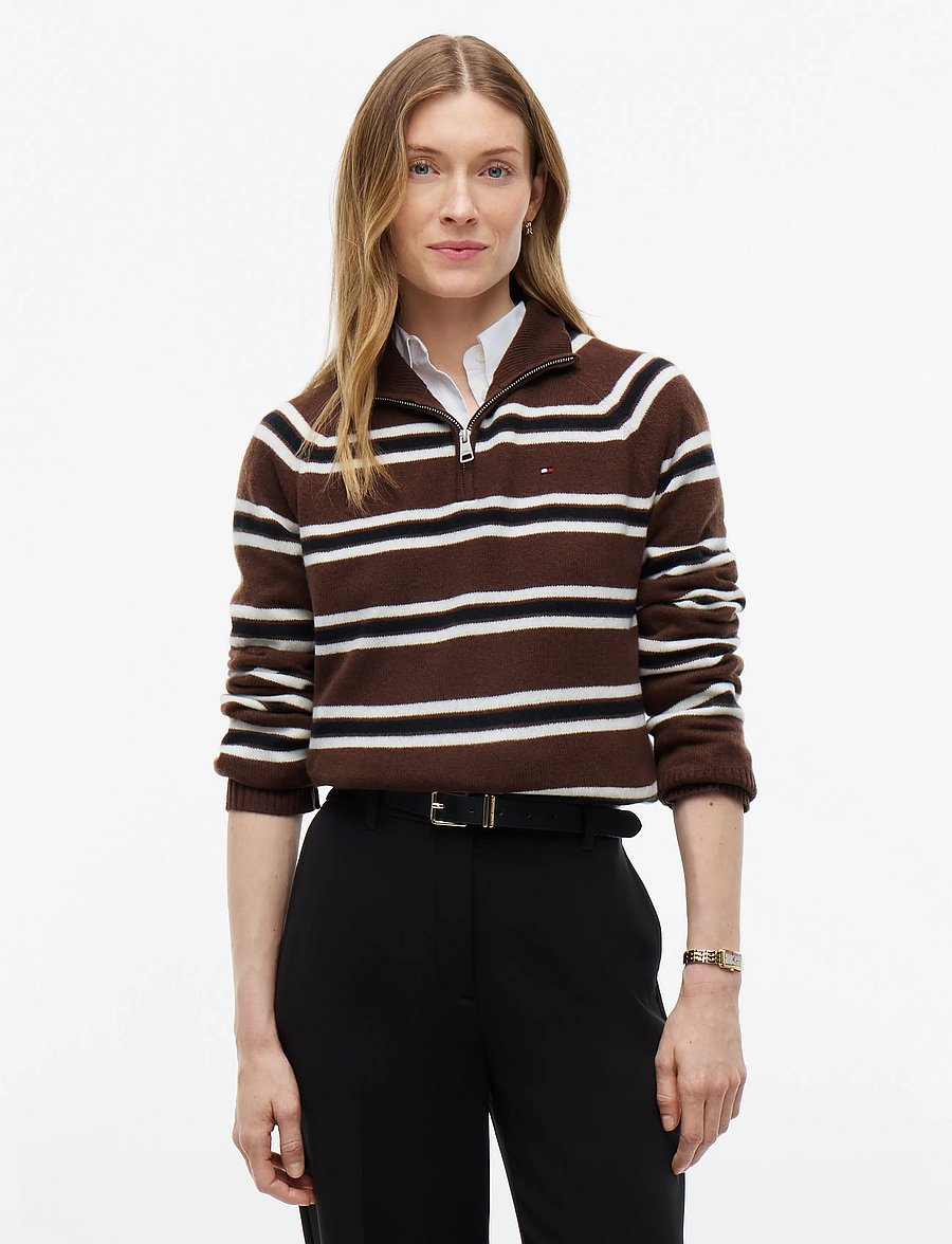 Tommy Hilfiger - SOFT WOOL JERSEY REG ZIP SWT - lewis stp legacy brown ecru - 0