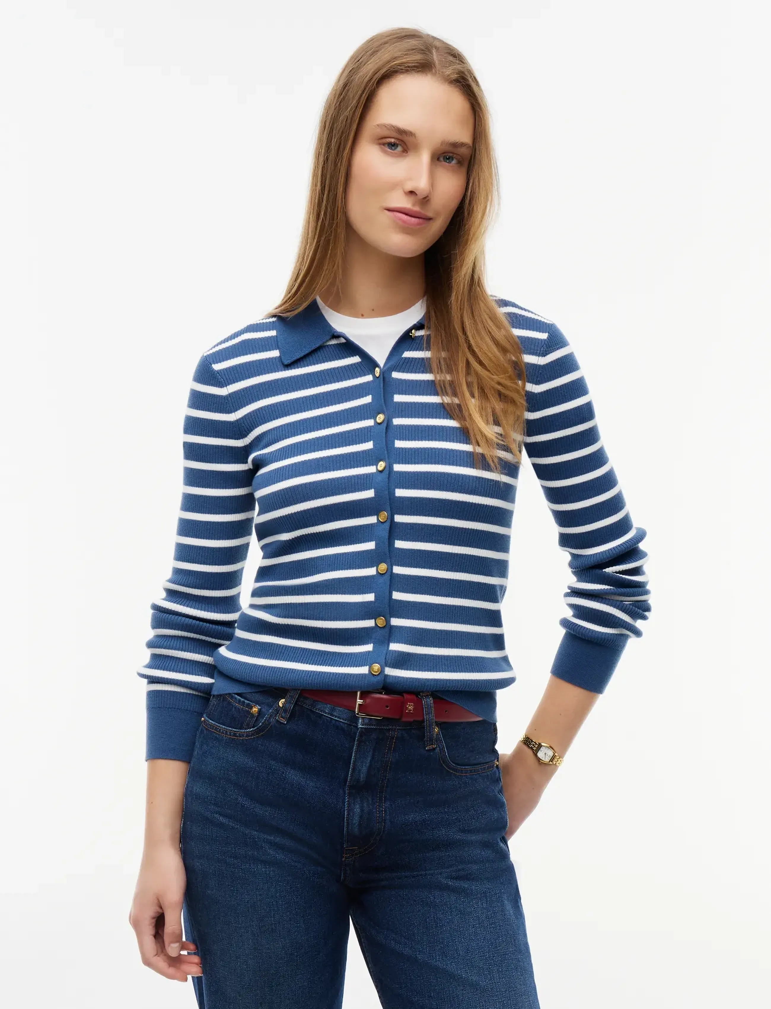 Tommy Hilfiger - FINE GG LS POLO-NK CARDIGAN - breton stp aegean sea ecru - 0