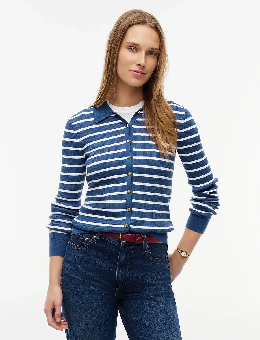 Tommy Hilfiger - FINE GG LS POLO-NK CARDIGAN - breton stp aegean sea ecru - 0