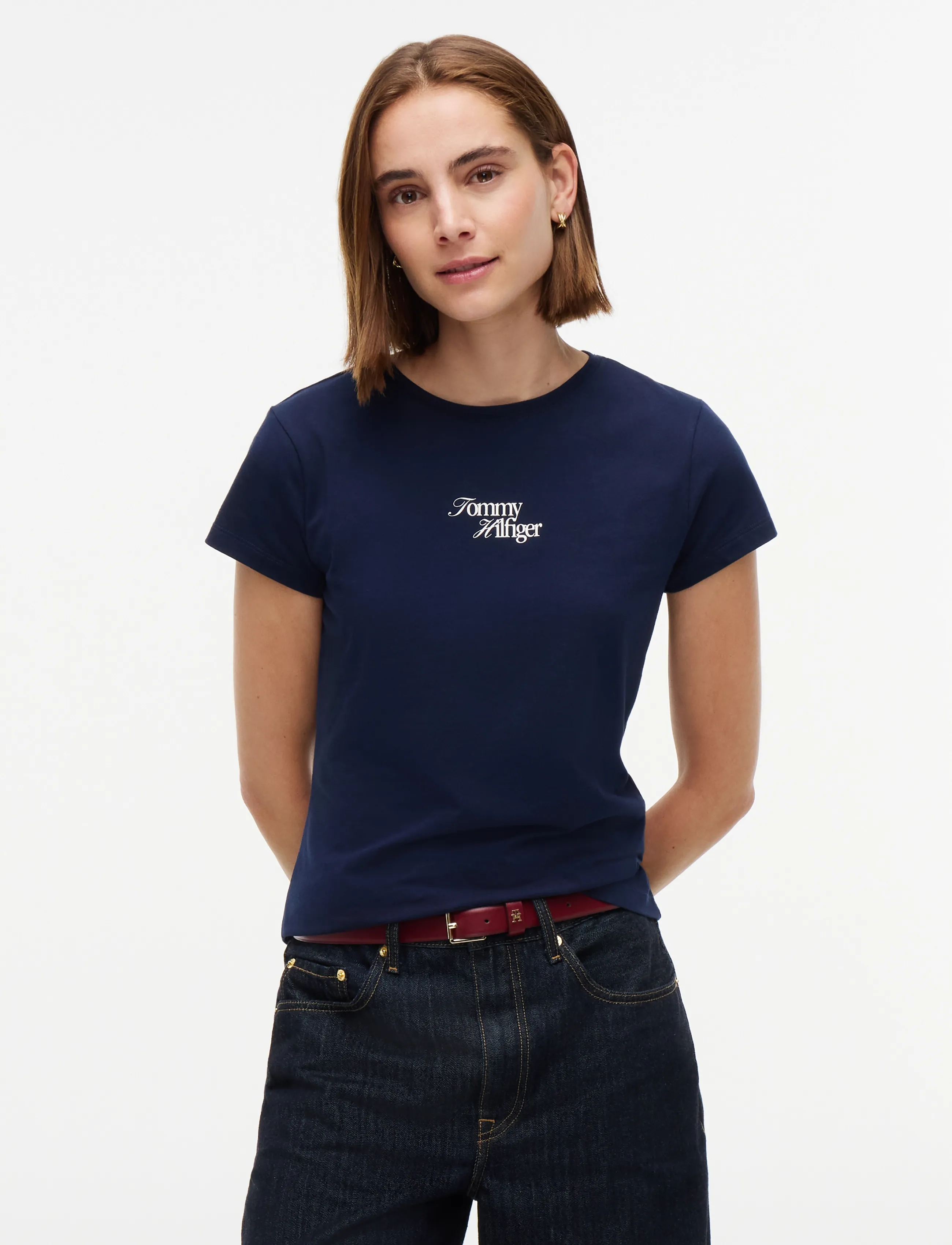 Tommy Hilfiger Script New Slim C-Nk S/S Tshirt, S, Navy, T-Shirts & Toppe > Kortærmede, Dame