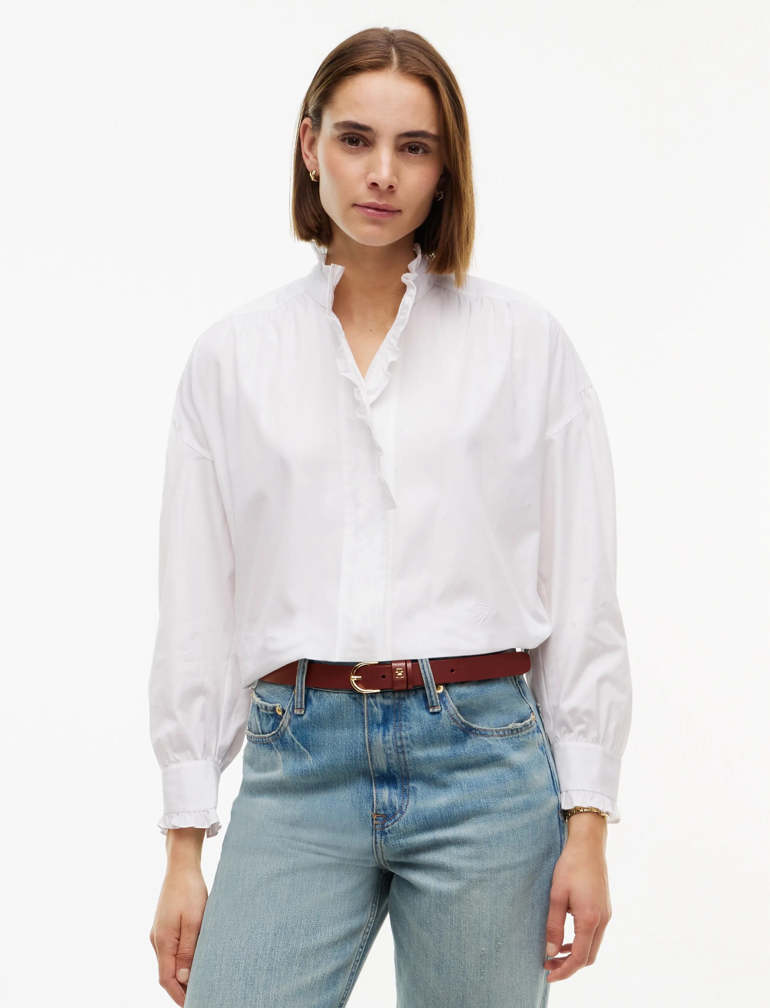 Tommy Hilfiger Poplin Blouse With Ruffles, 34, Blouses, Weiß - Long-sleeved, Frauen