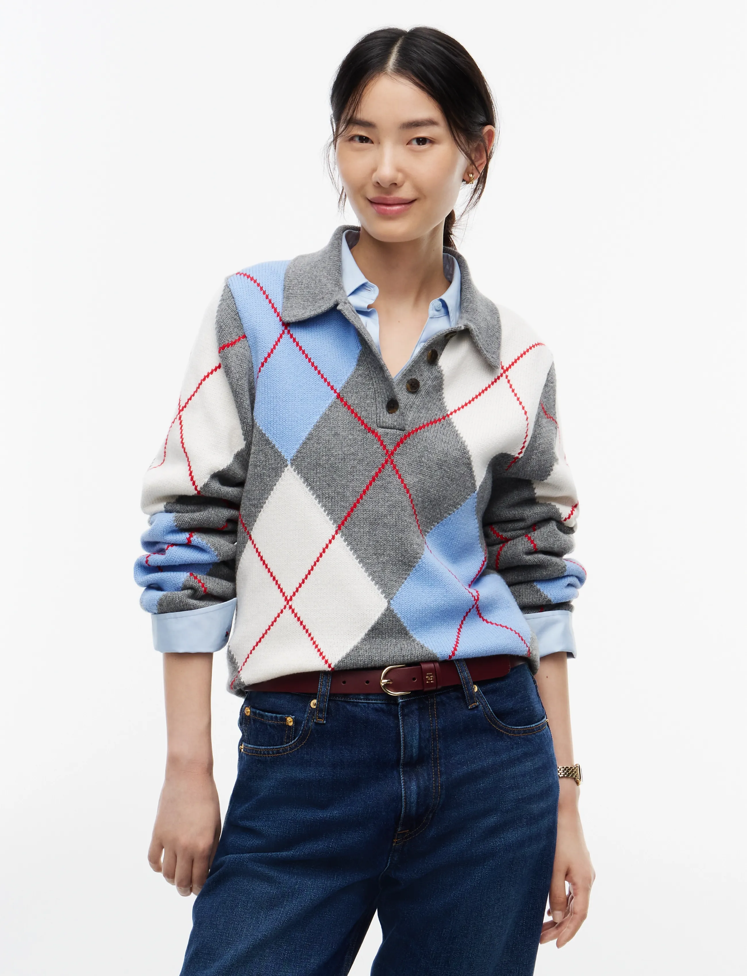 Tommy Hilfiger Argyle Prep New Polo Ls, XS, Grey, Strik > Trøjer, Dame