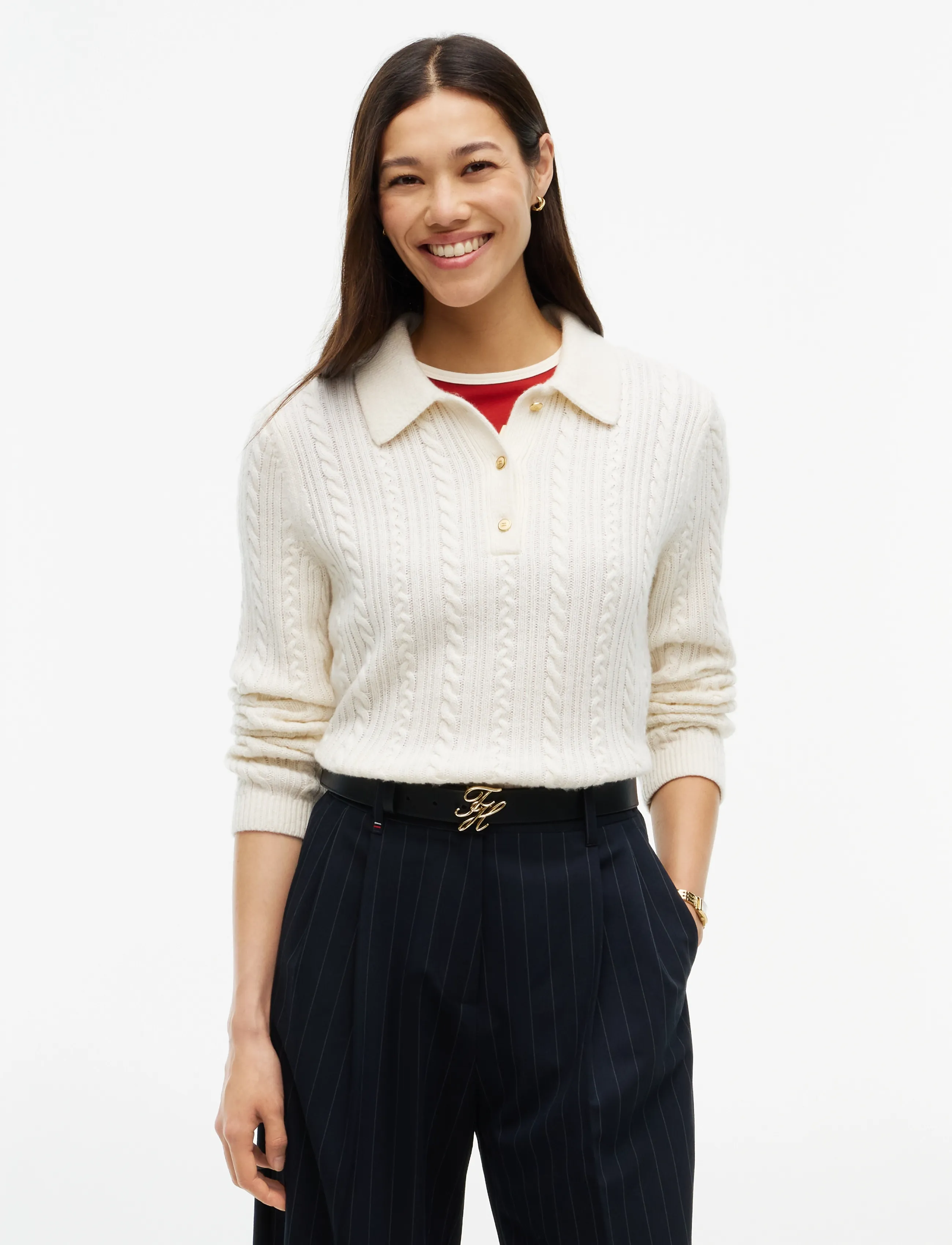 Tommy Hilfiger LS POLO CABLE SWEATER REG FIT - Tommy Hilfiger - IVORY PETAL / navy