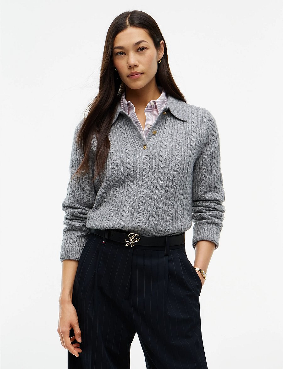 Tommy Hilfiger - LS POLO CABLE SWEATER REG FIT - striktrøjer - medium grey heather - 0