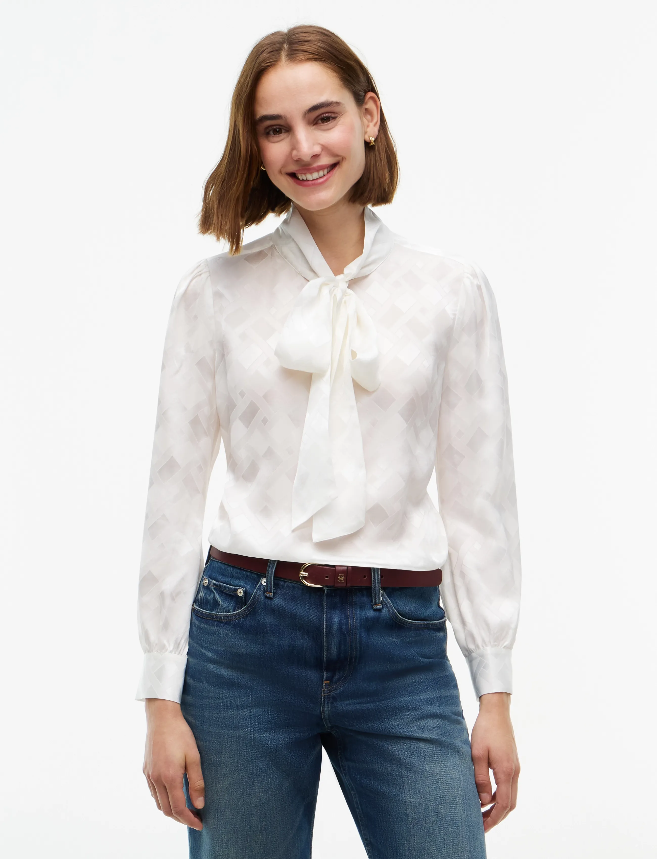 Tommy Hilfiger FLUID JACQUARD TIE DETAIL SHIRT - Tommy Hilfiger - IVORY SILK / white