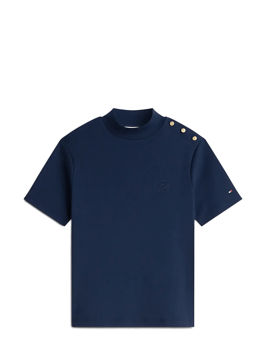 Tommy Hilfiger - SCRIPT GOLD BTTN MOCK-NK S/S TEE - t-shirts - dark blue - 1