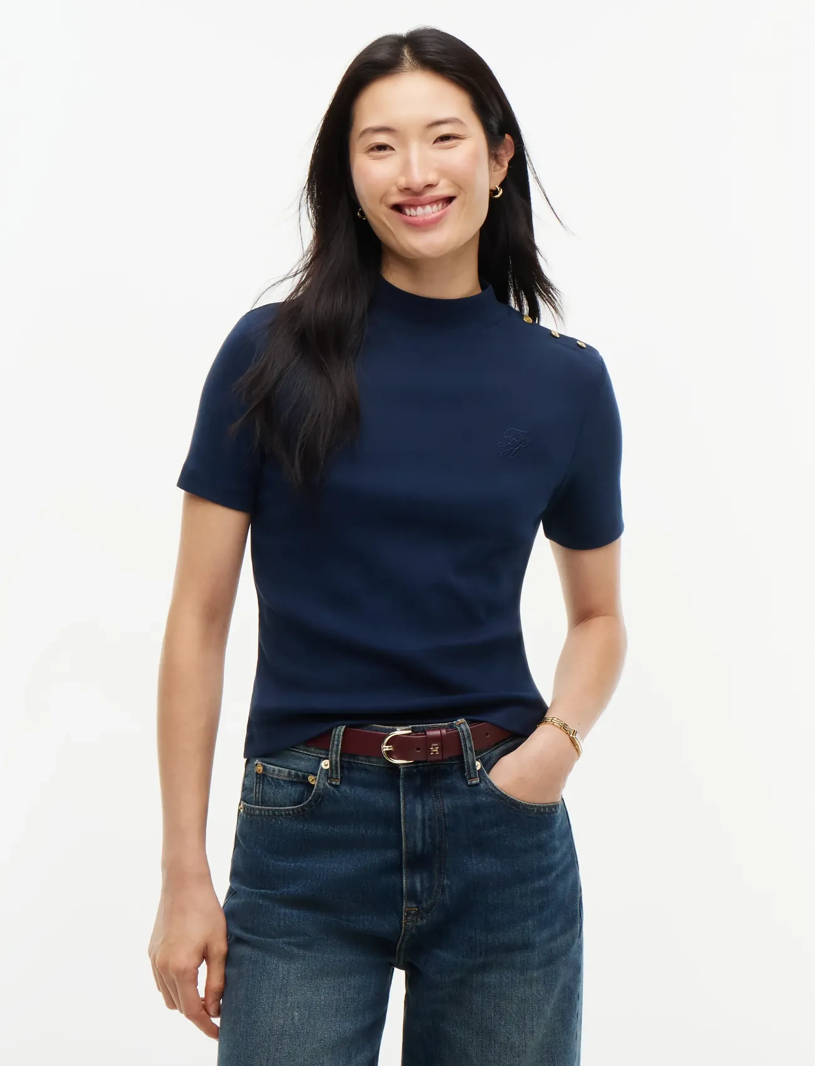 Tommy Hilfiger SCRIPT GOLD BTTN MOCK-NK S/S TEE - Tommy Hilfiger - DARK BLUE / navy