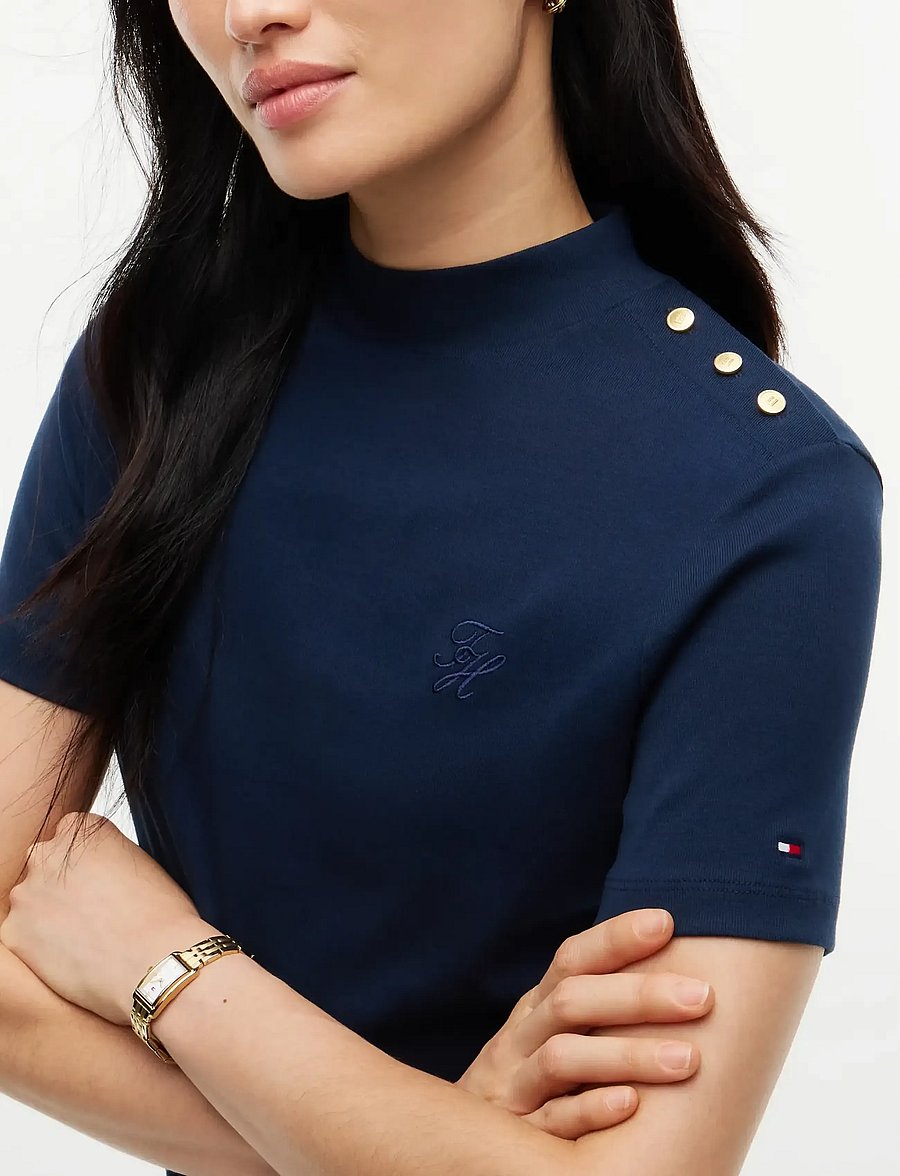Tommy Hilfiger - SCRIPT GOLD BTTN MOCK-NK S/S TEE - t-shirts - dark blue - 3