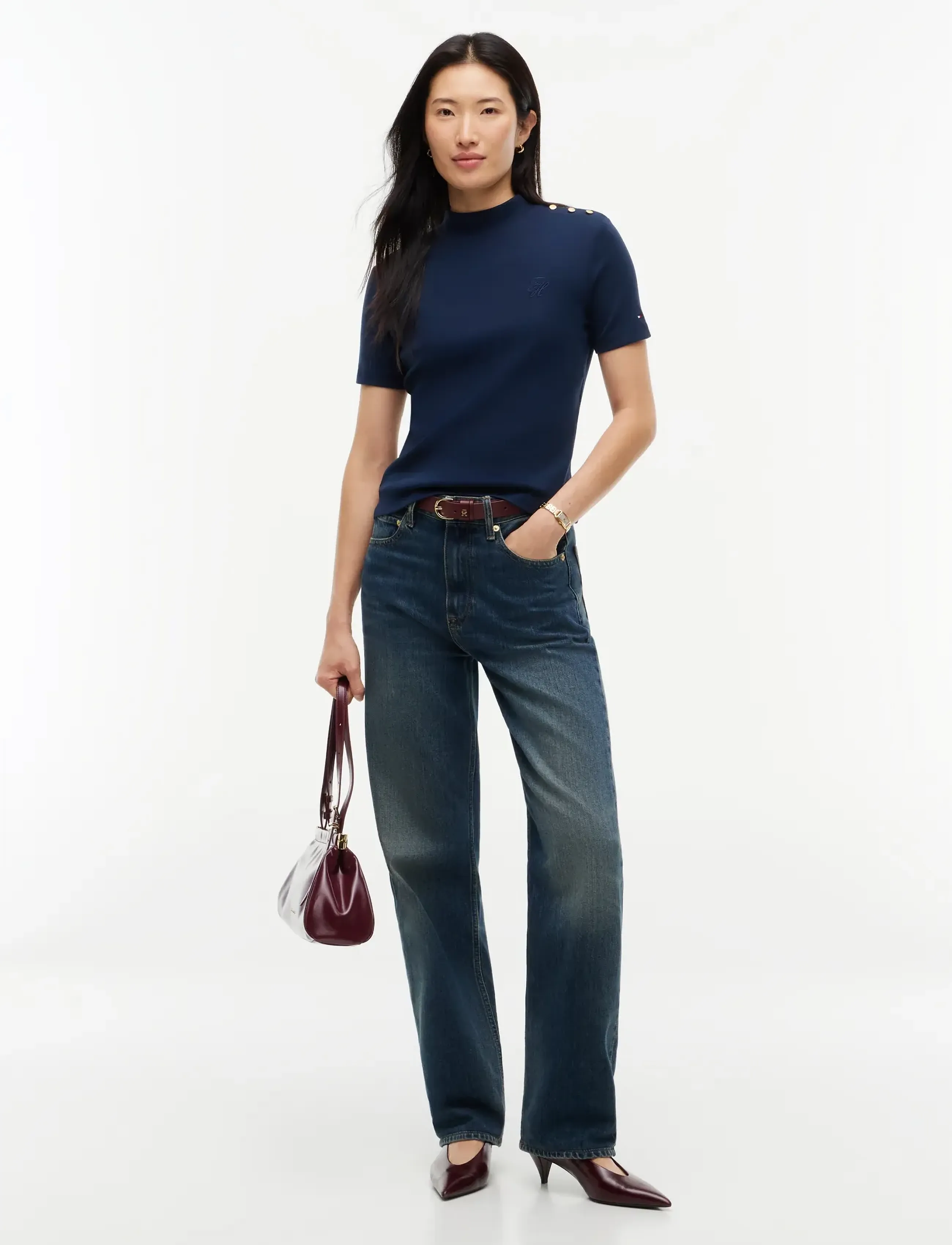 Tommy Hilfiger - SCRIPT GOLD BTTN MOCK-NK S/S TEE - t-shirts - dark blue - 4