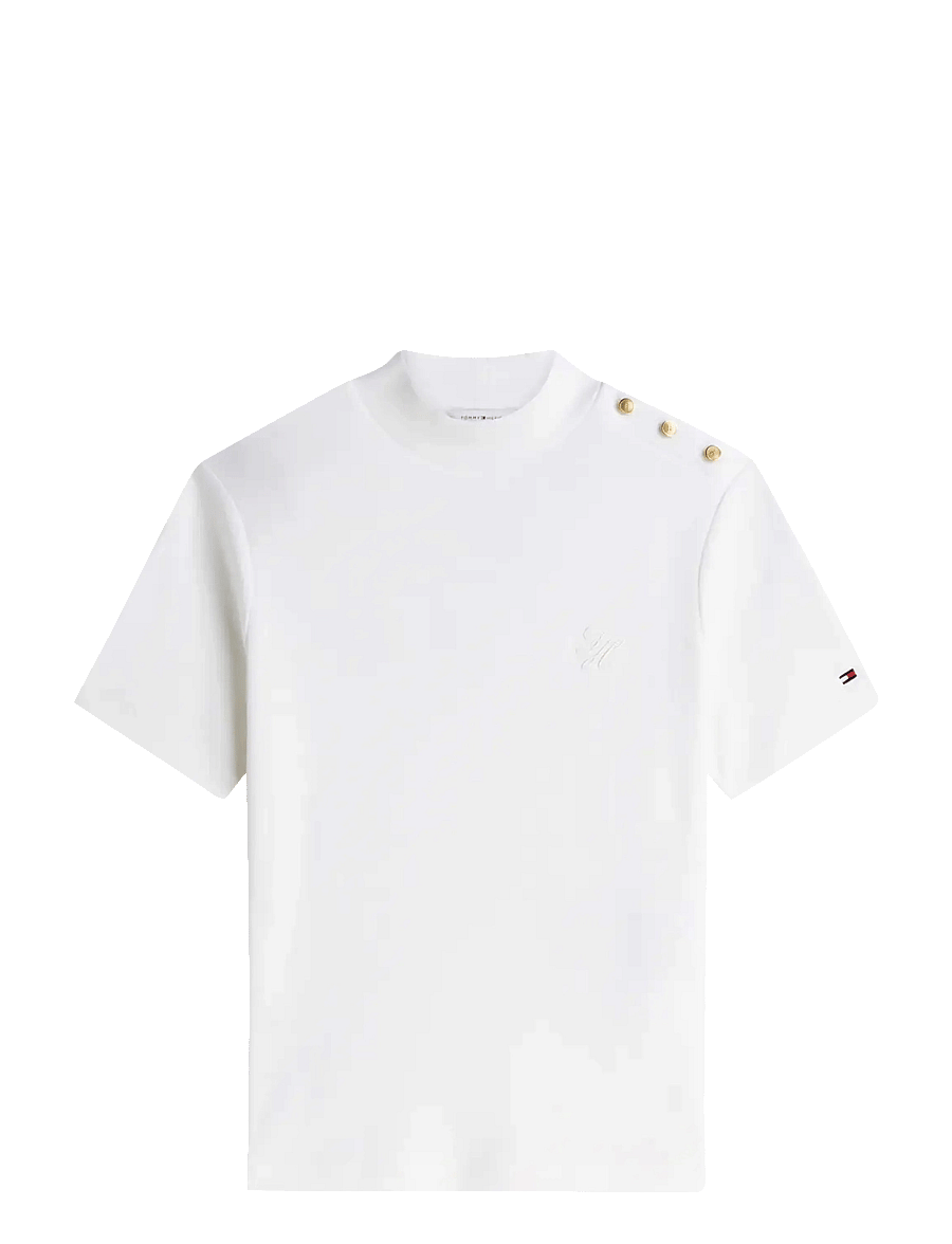 Tommy Hilfiger - SCRIPT GOLD BTTN MOCK-NK S/S TEE - t-shirts - ecru - 1