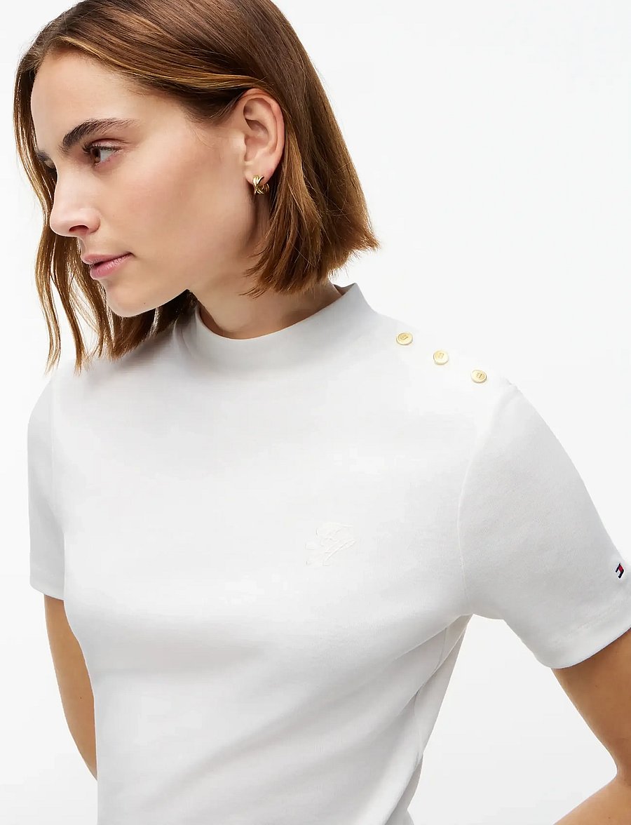 Tommy Hilfiger - SCRIPT GOLD BTTN MOCK-NK S/S TEE - t-shirts - ecru - 3