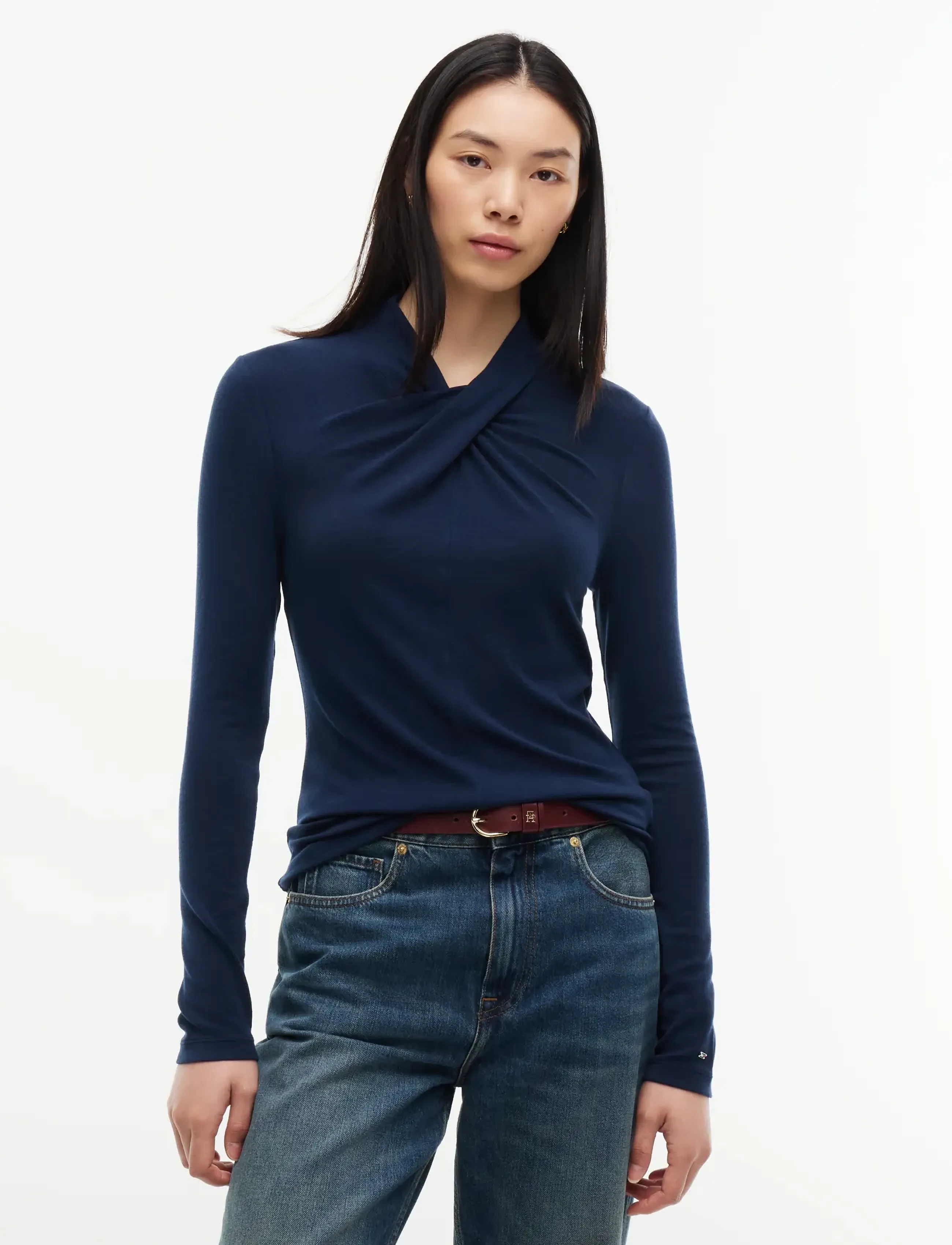 Tommy Hilfiger - WOOL MIX DRAPED HIGH-NK LS TOP - dark blue - 0