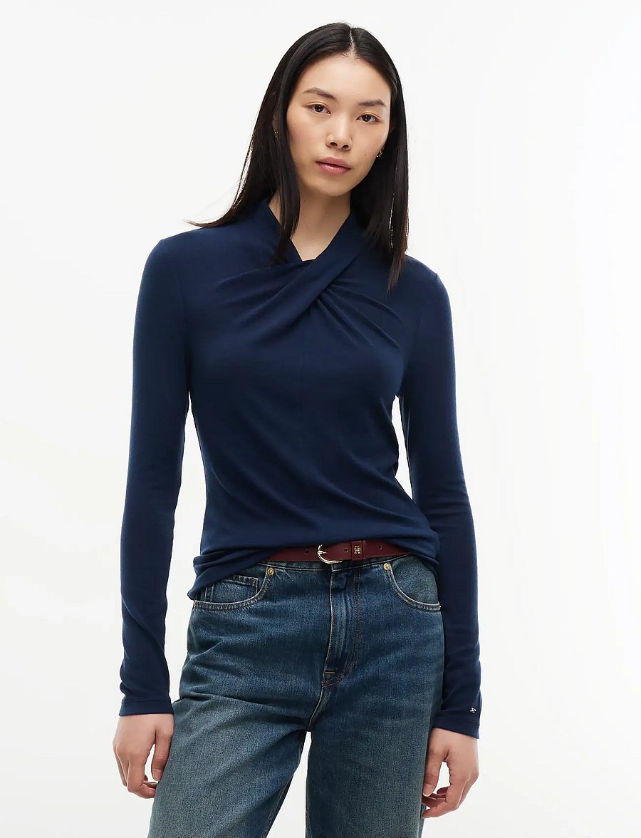 Tommy Hilfiger - WOOL MIX DRAPED HIGH-NK LS TOP - striktrøjer - dark blue - 0