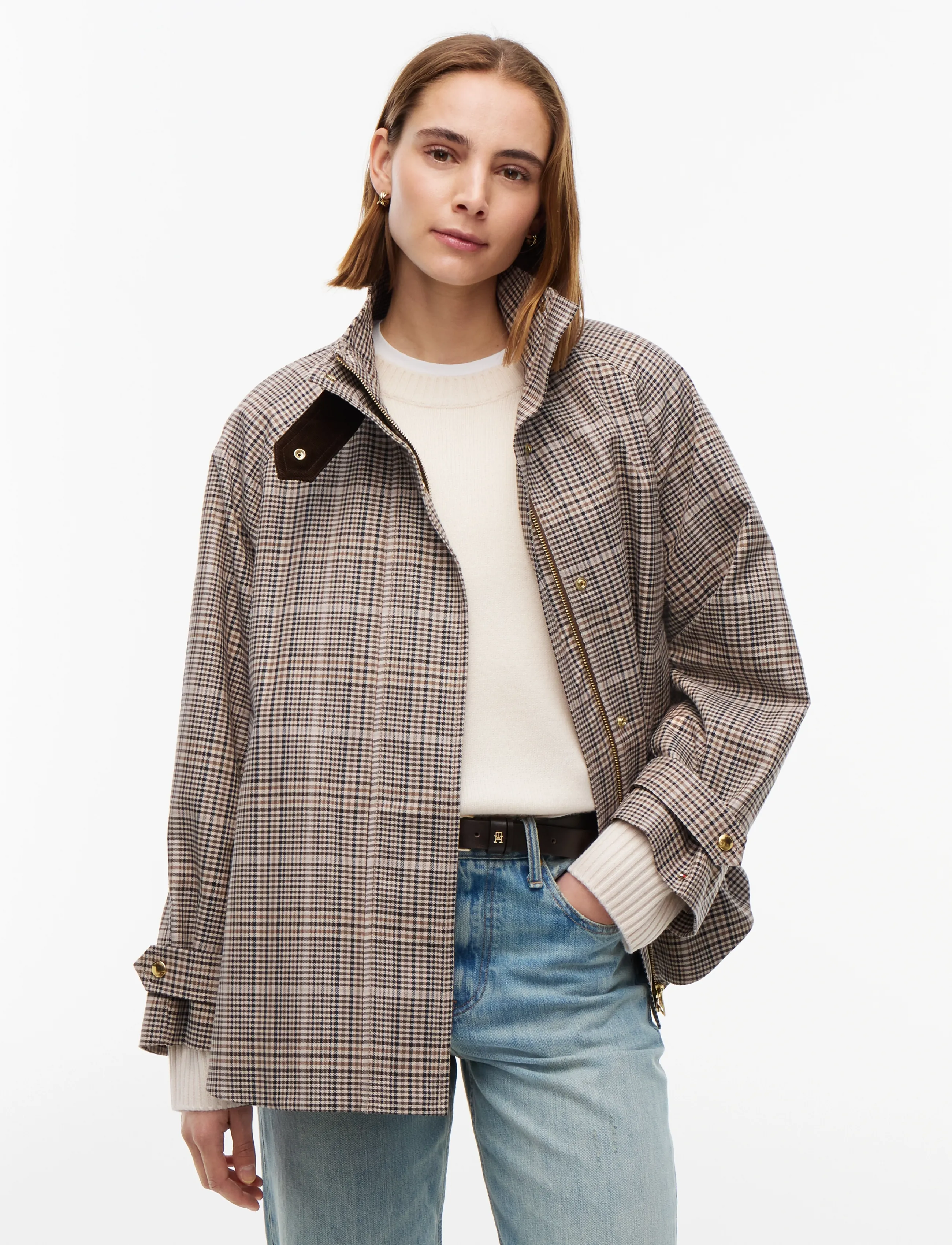 Tommy Hilfiger Cotton Check Cape Coat, Kvinder, Tern Cape Frakke, Brun, Str: XL
