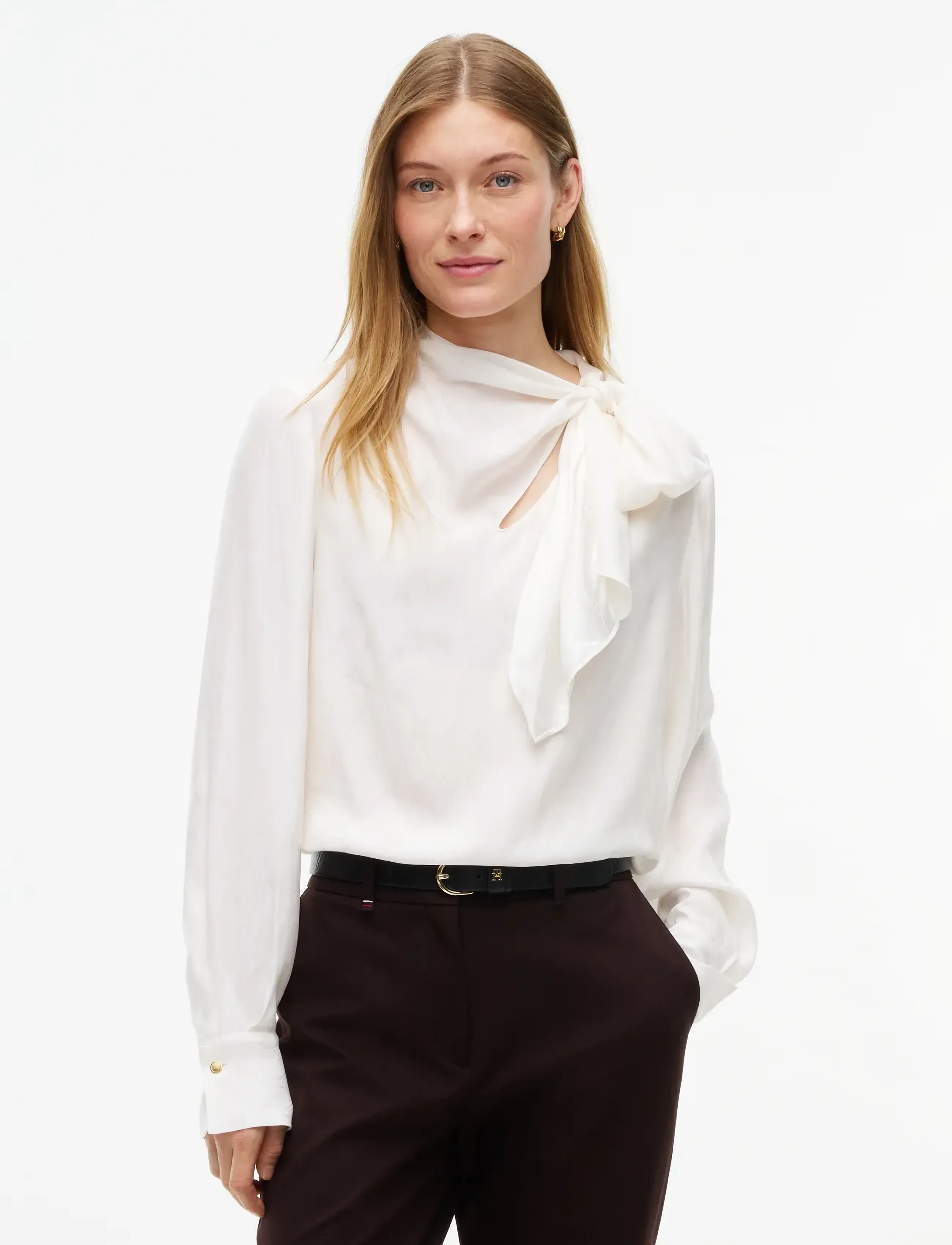 Tommy Hilfiger FLUID JACQUARD BOW TIE BLOUSE - Langærmede bluser - IVORY SILK / cream