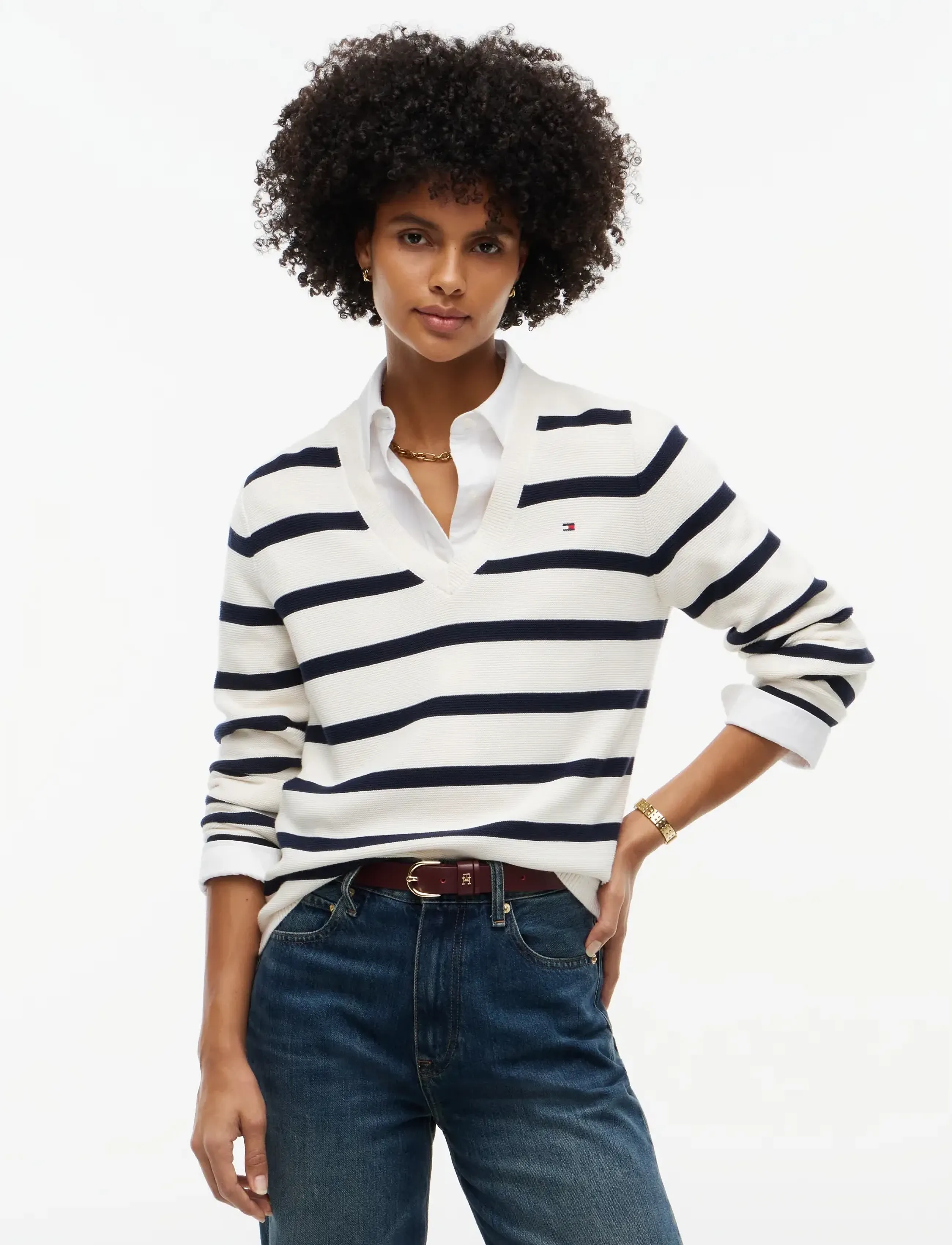 Tommy Hilfiger - COTTON LINKS LINKS V-NK - stripe ivory petal   dark blue - 0