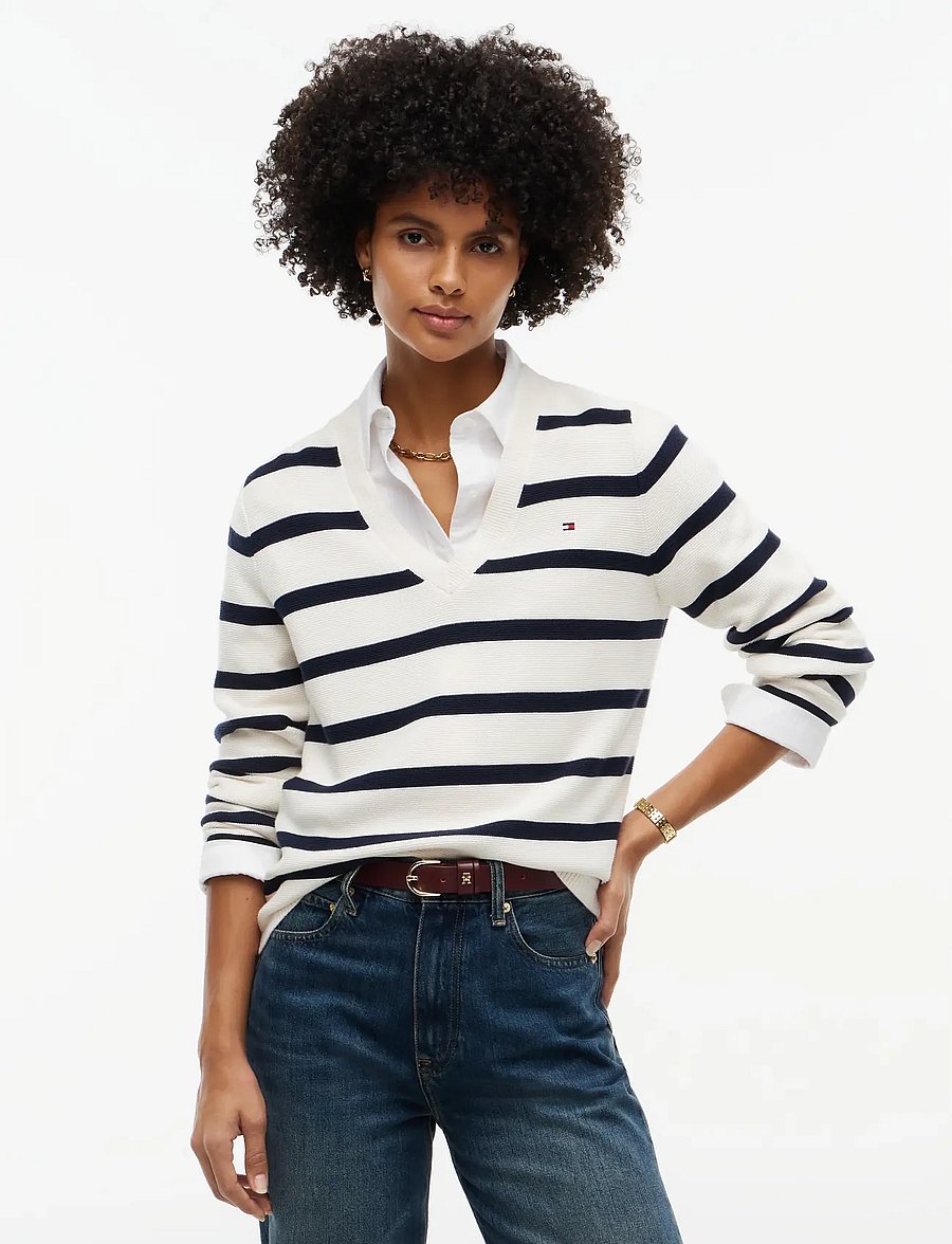 Tommy Hilfiger - COTTON LINKS LINKS V-NK - stickade tröjor - stripe ivory petal dark blue - 0