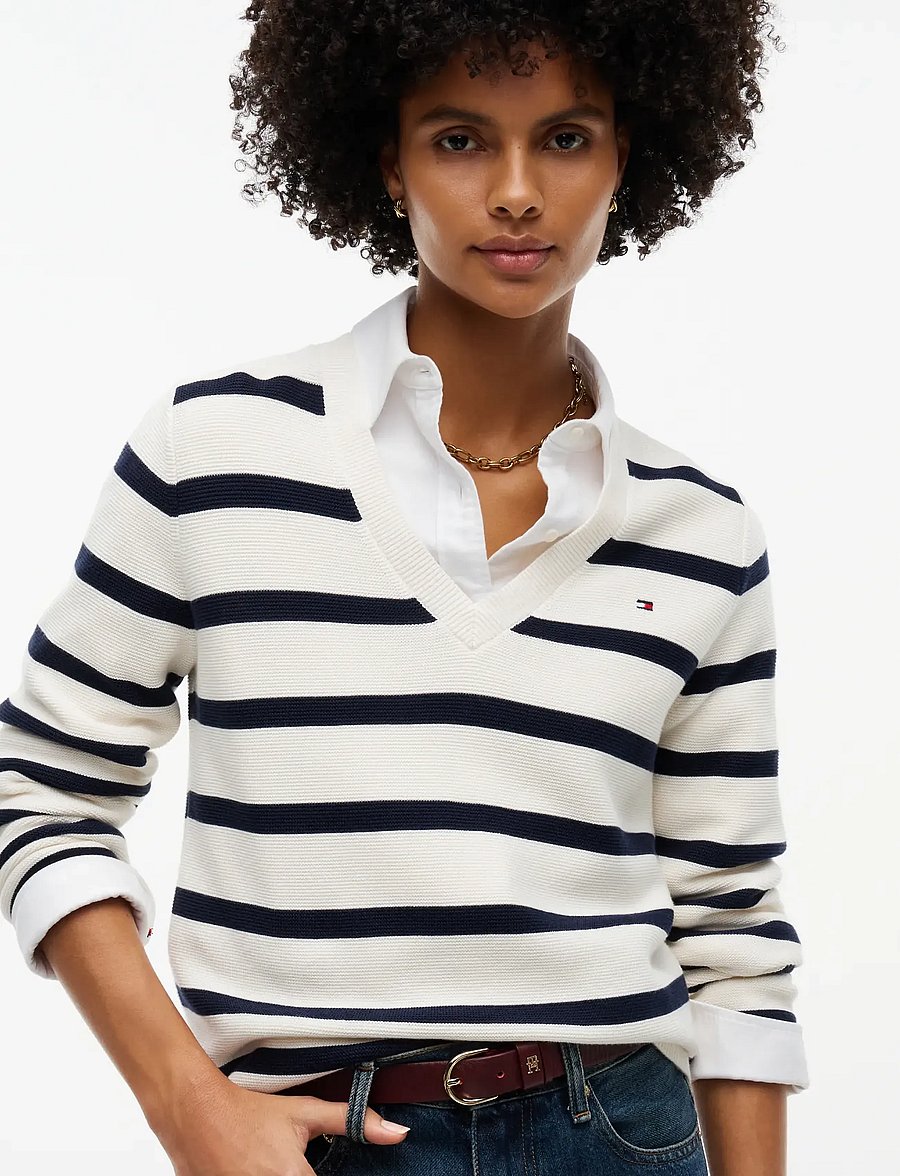 Tommy Hilfiger - COTTON LINKS LINKS V-NK - stickade tröjor - stripe ivory petal dark blue - 3