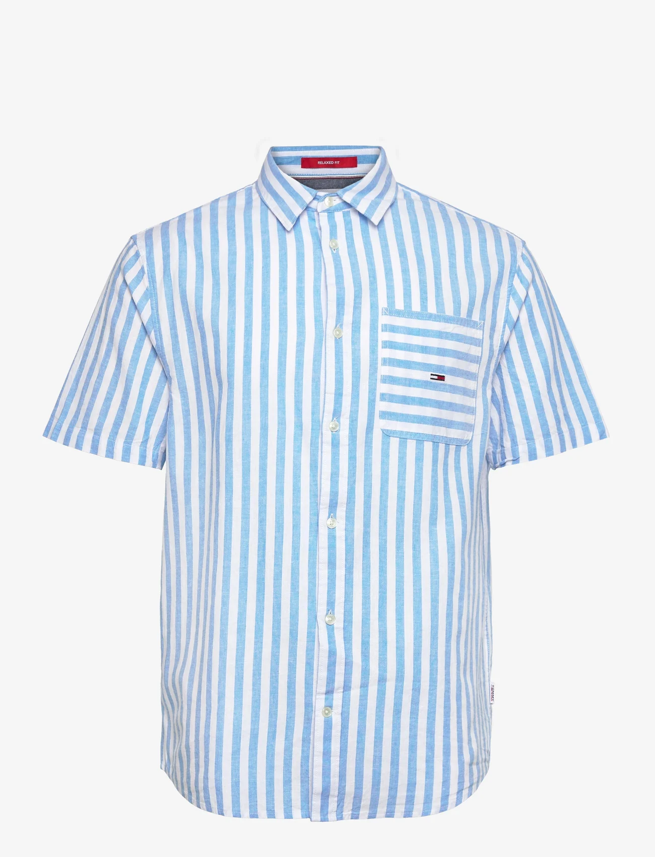 Tommy Jeans - TJM RLX SS STRIPE LINEN SHIRT - kortärmade t-shirts - skysail / stripe - 0