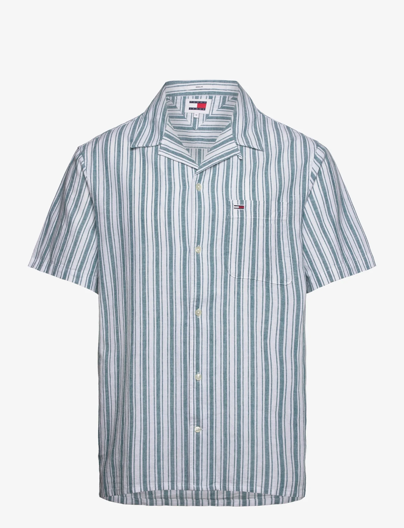 Tommy Jeans - TJM STRIPE LINEN SS SHIRT EXT - kortærmede t-shirts - timeless teal stripe - 0
