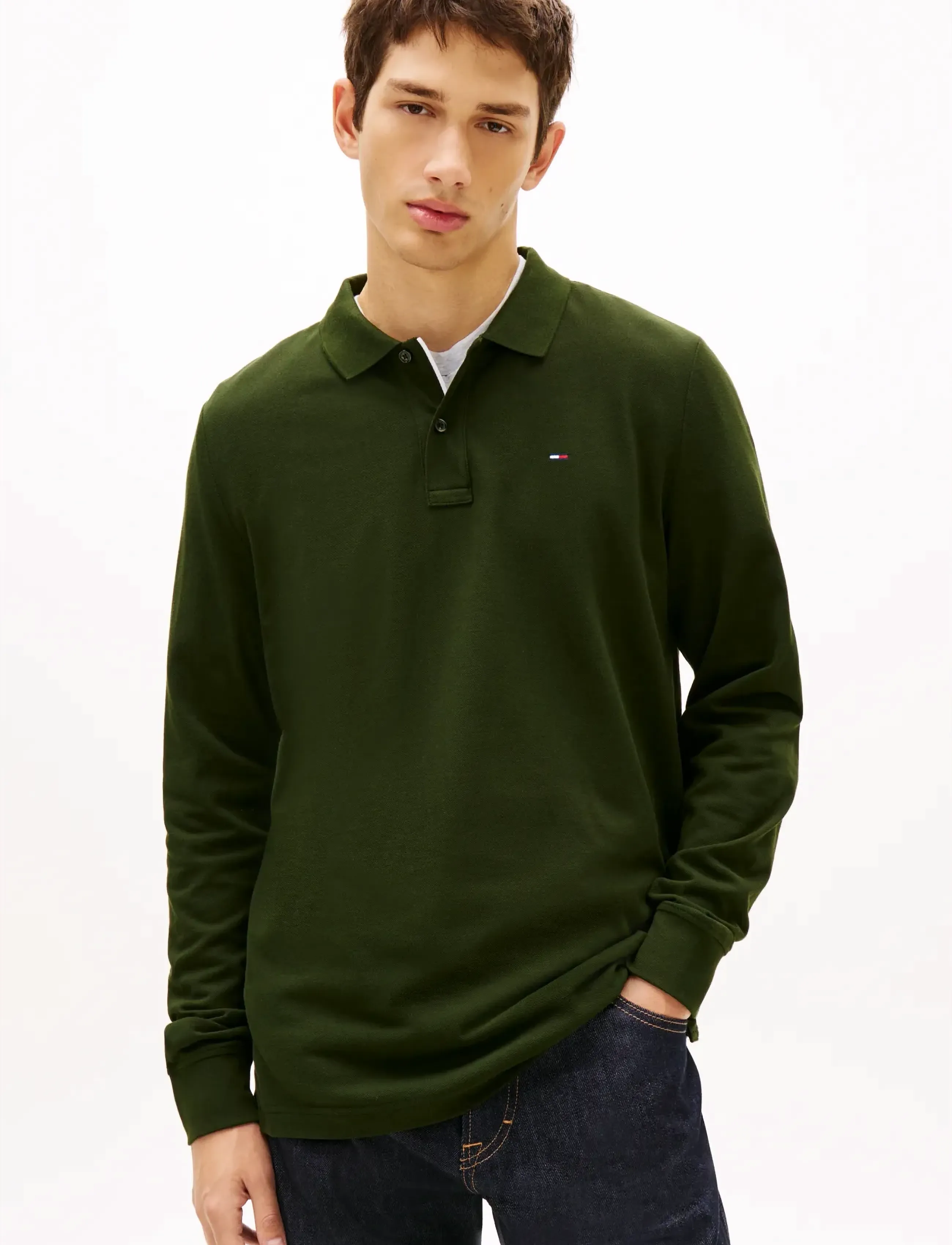 Tommy Jeans TJM SLIM PLACKET POLO LS EXT - Långärmade pikéer - KINGSTON GREEN / khaki/green