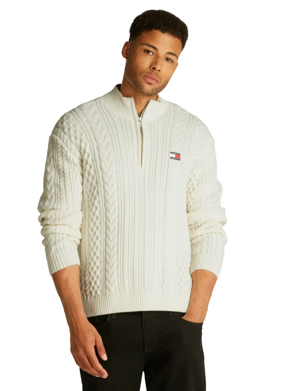 Tommy Jeans - TJM REG CABLE S FLAG 1/4 ZIP - pullover mit halbem reißverschluss - ancient white - 0