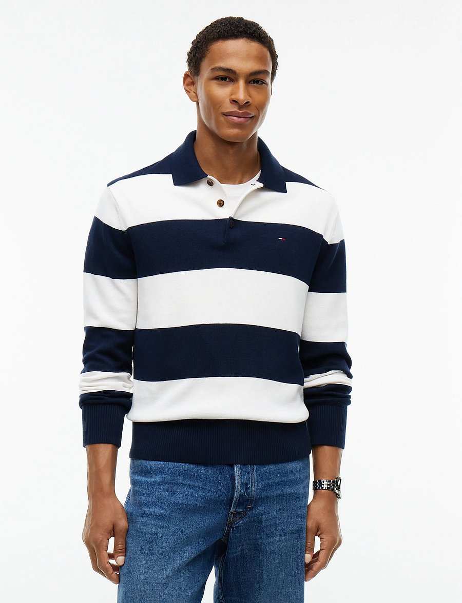 Tommy Jeans - TJM SLIM ESSENTIAL POLO SWTR EXT - pikkade varrukatega polod - dark blue stripe - 0