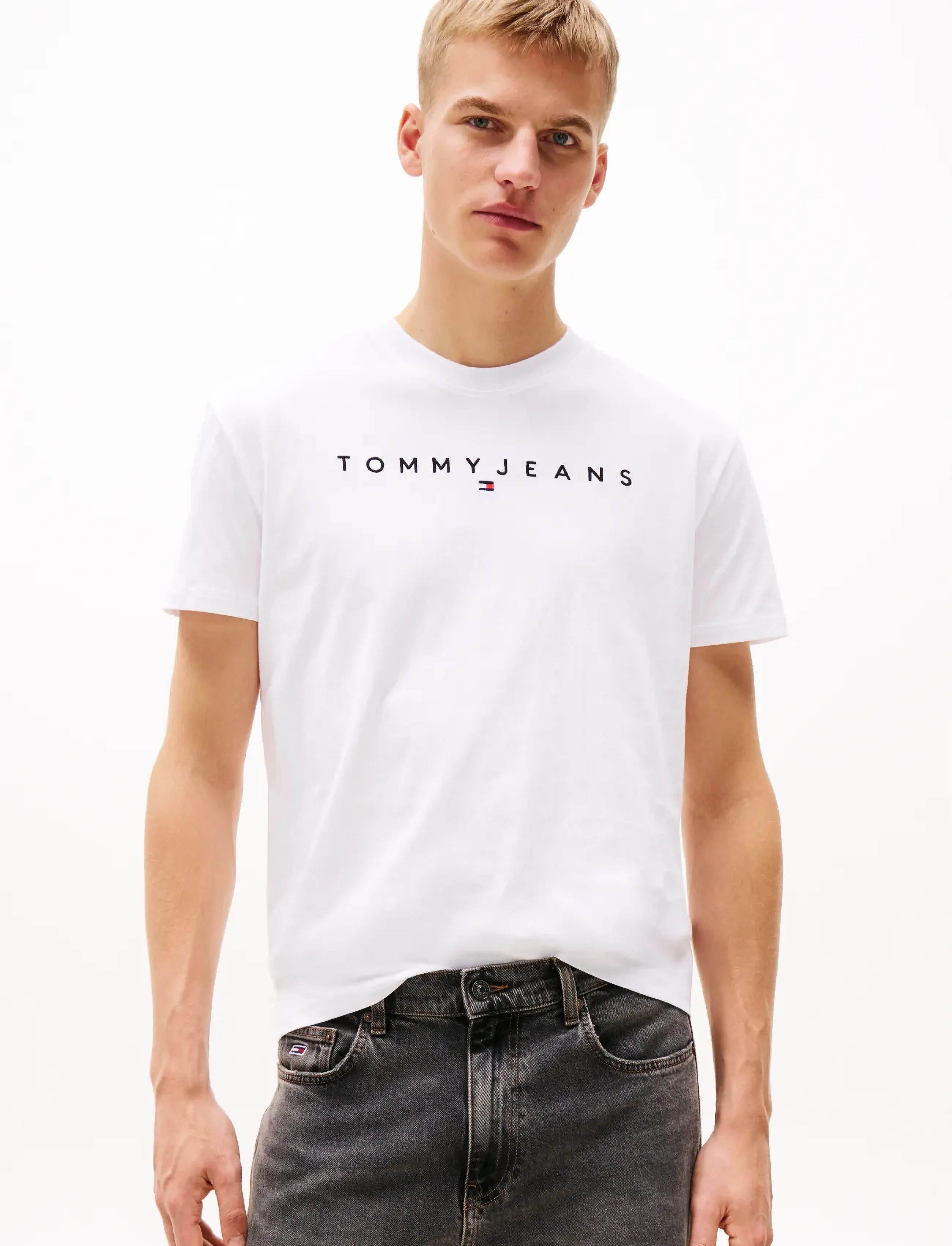 Tommy Jeans Tjm Reg Linear Logo Tee Ext, XS, T-shirts, Weiß - Short-sleeved, Männerswear