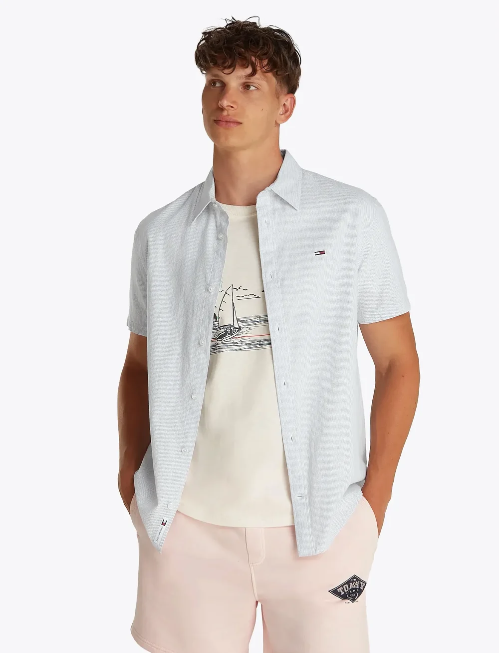 Tommy Jeans - TJM REG LINEN BLEND STP SS SHIRT - randiga skjortor - colorado blue / ecru - 0