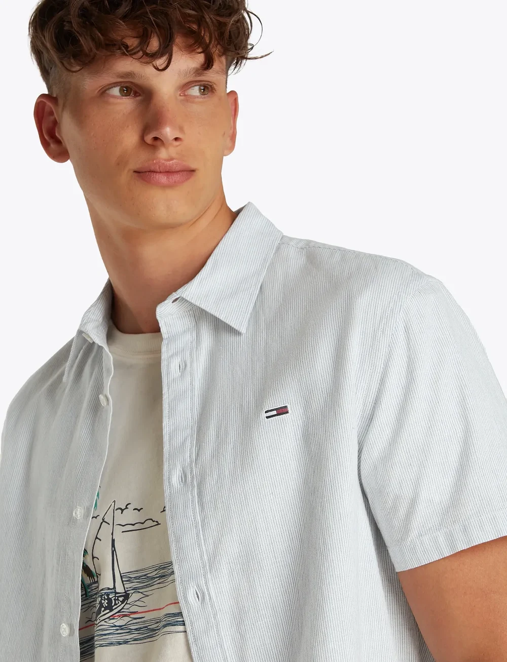 Tommy Jeans - TJM REG LINEN BLEND STP SS SHIRT - randiga skjortor - colorado blue / ecru - 5