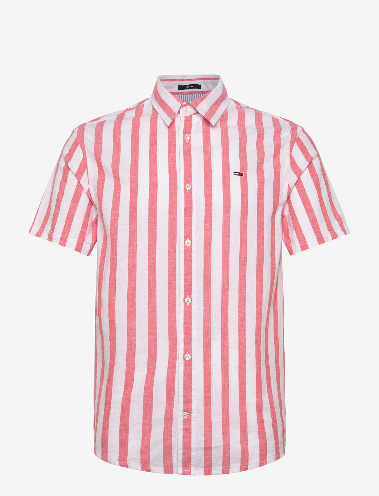 Tommy Jeans - TJM REG LINEN BLEND STP SS SHIRT - triibulised särgid - ecru / bright vermillion - 1