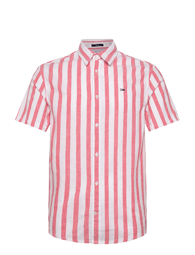 Tommy Jeans - TJM REG LINEN BLEND STP SS SHIRT - triibulised särgid - ecru / bright vermillion - 1