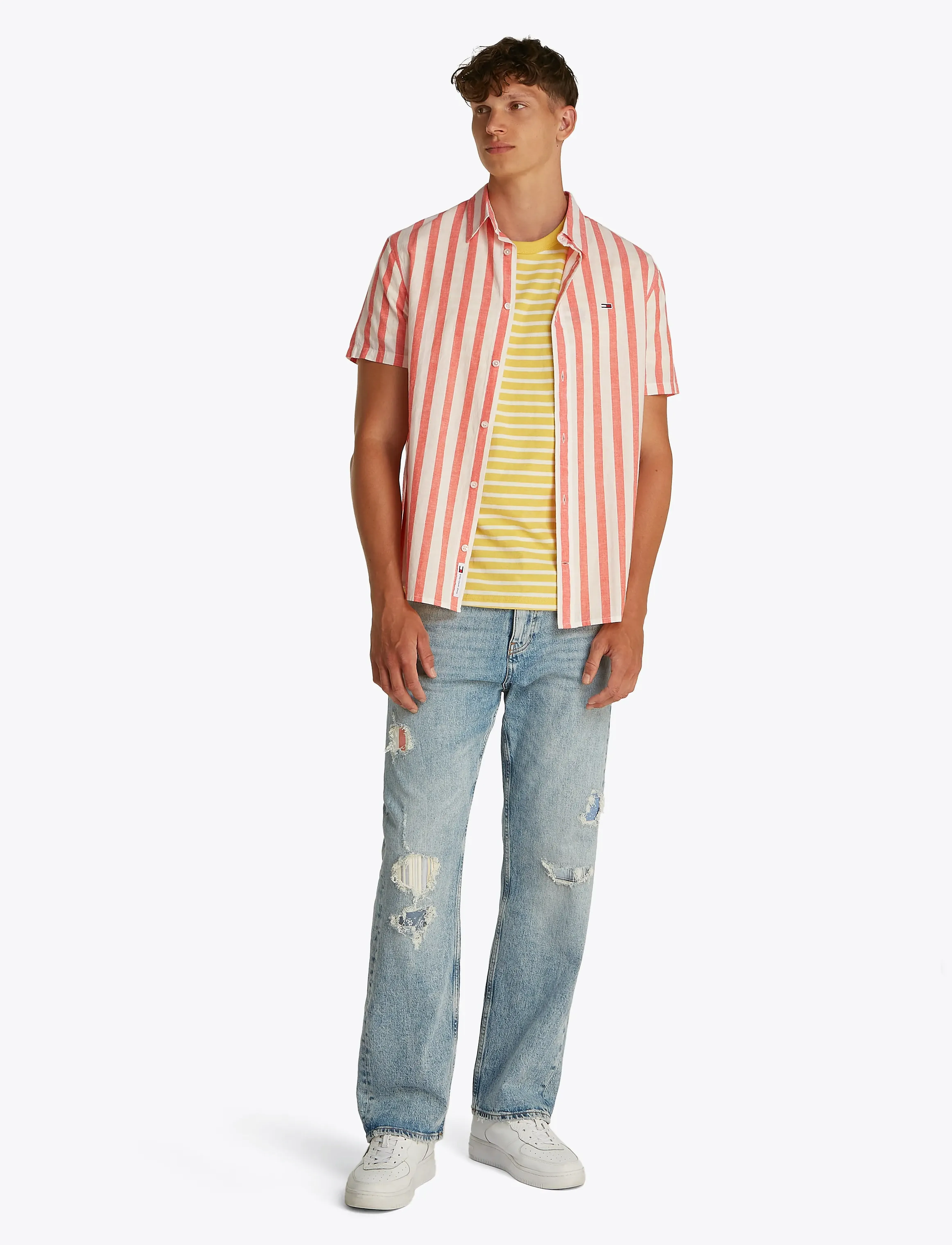 Tommy Jeans - TJM REG LINEN BLEND STP SS SHIRT - ecru / bright vermillion - 4