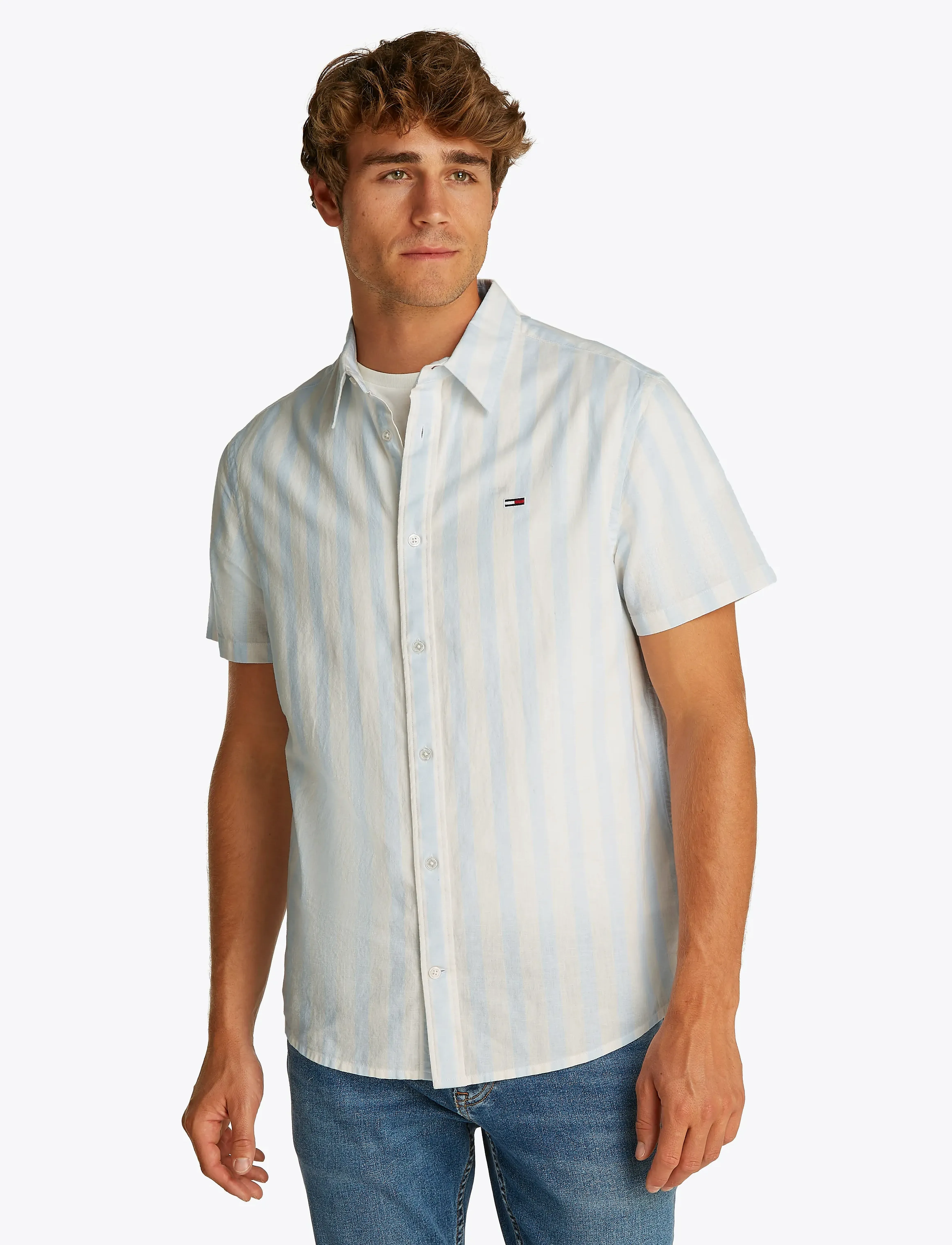 Tommy Jeans TJM REG LINEN BLEND STP SS SHIRT - Kläder - SWEET BLUE / ECRU / blue