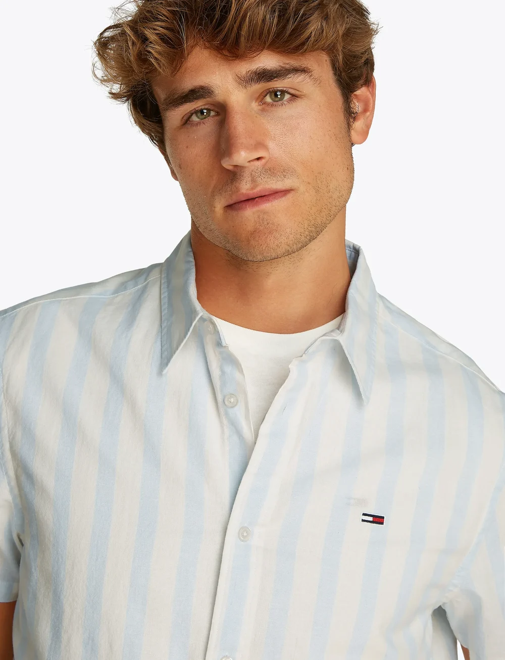 Tommy Jeans - TJM REG LINEN BLEND STP SS SHIRT - triibulised särgid - sweet blue / ecru - 5