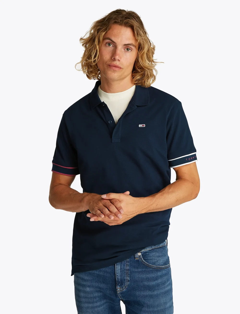 Tommy Jeans - TJM SLIM FLAG CUFF POLO EXT - short-sleeved polos - dark night navy - 0