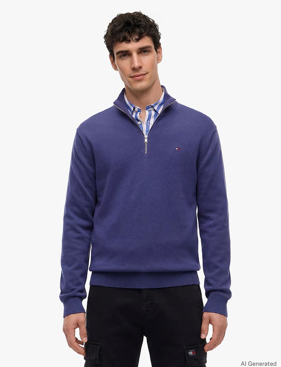 Tommy Jeans - TJM SLM ESS LIGHT ¼ ZIP SWTR EXT - poolpika lukuga džemprid - blue storm - 0