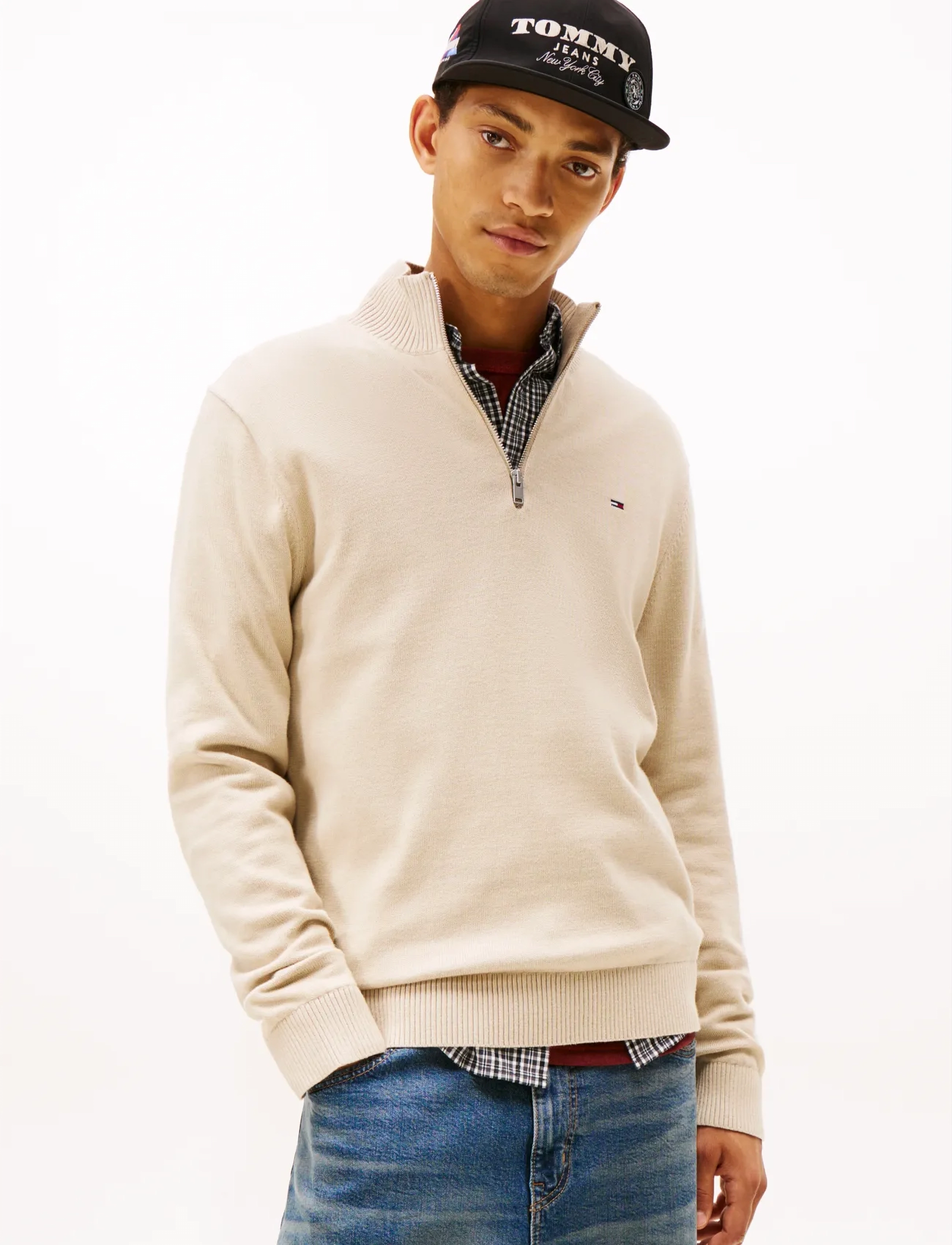 Tommy Jeans TJM SLM ESS LIGHT ¼ ZIP SWTR EXT - Kudumid - GULF SAND / cream