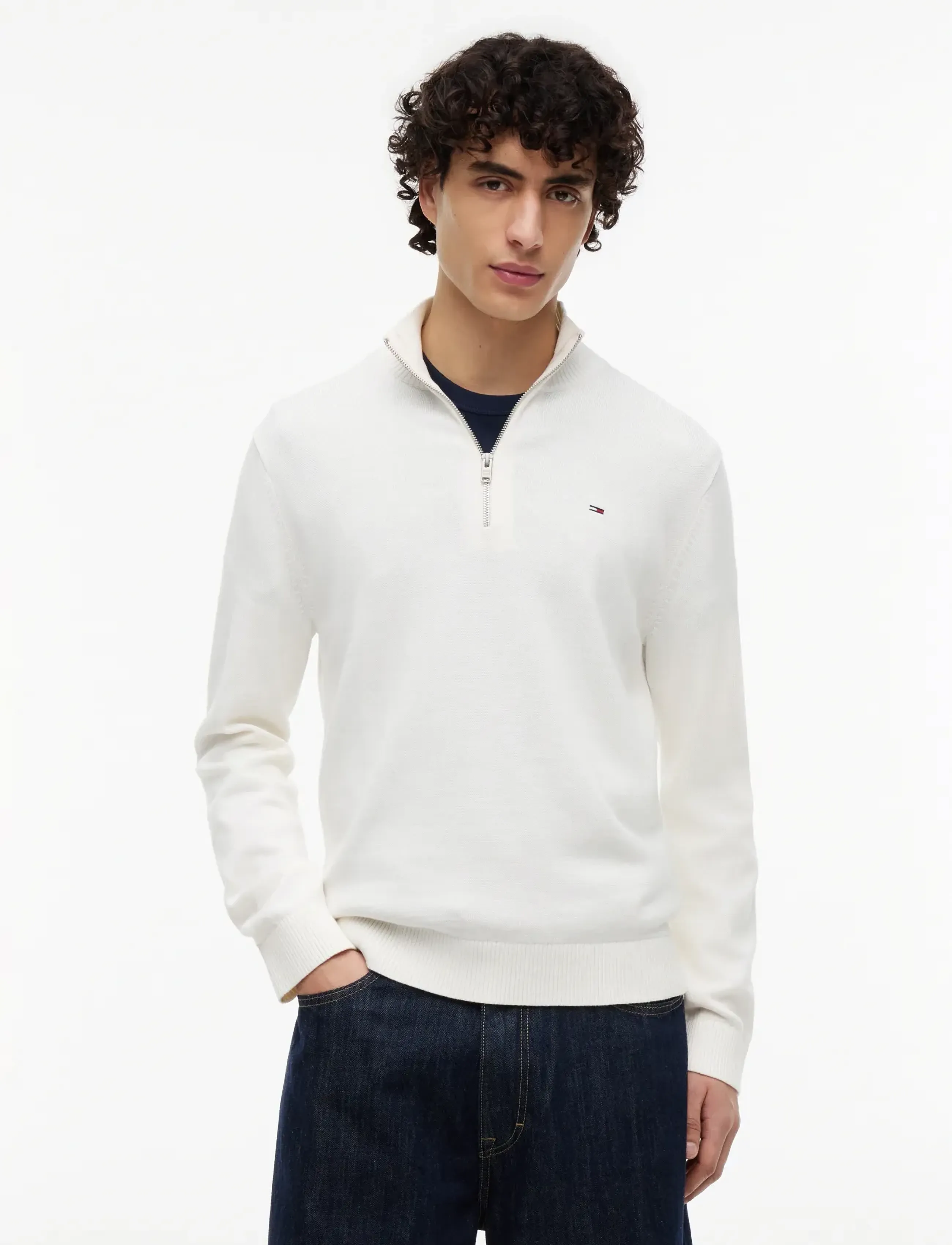 Tommy Jeans Tjm Slm Ess Light ¼ Zip Swtr Ext, XXL, Knitwear, Weiß - Half Jumpers, Männerswear