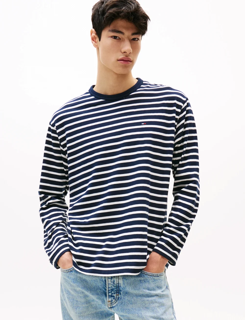 Tommy Jeans - TJM REG SFLAG BRETON STRIPE LS - langærmede t-shirts - dark night navy stripe - 0