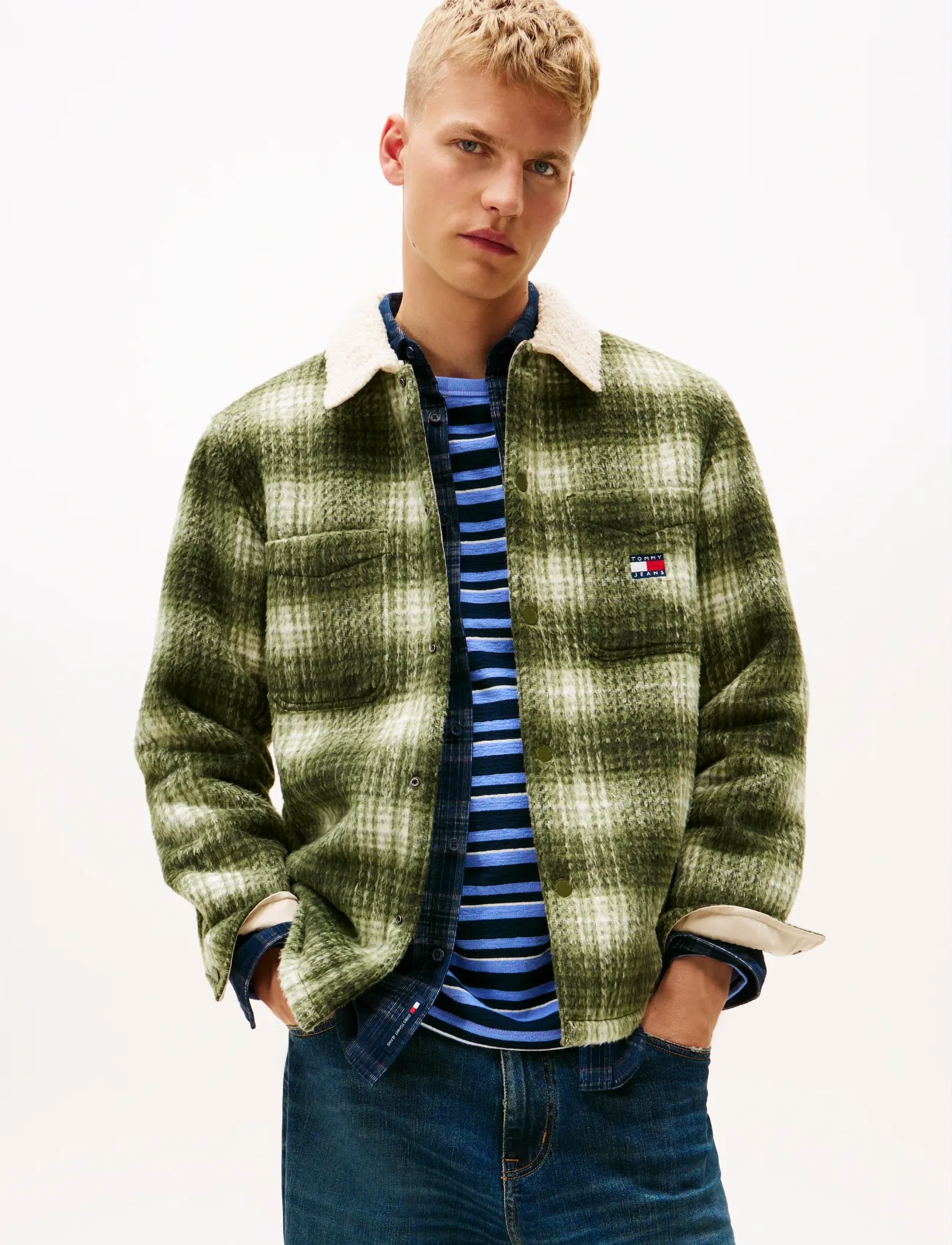 Tommy Jeans Tjm Check Teddy Overshirt Ext, Mænd, Ternet Teddy Overshirt, Grøn, Str: XL