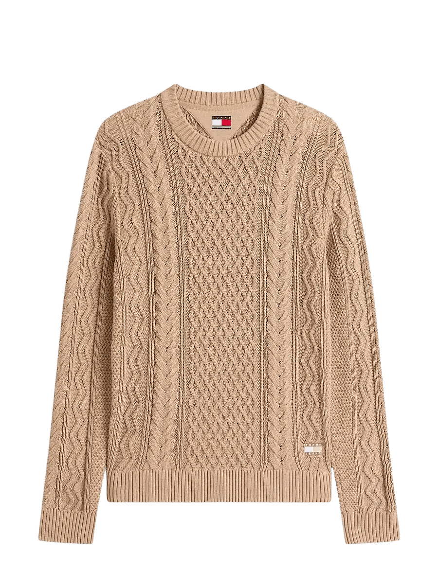 Tommy Jeans - TJM SLM BADGE CABLE KNIT SWEATER - round necks - coastal taupe tonal - 1