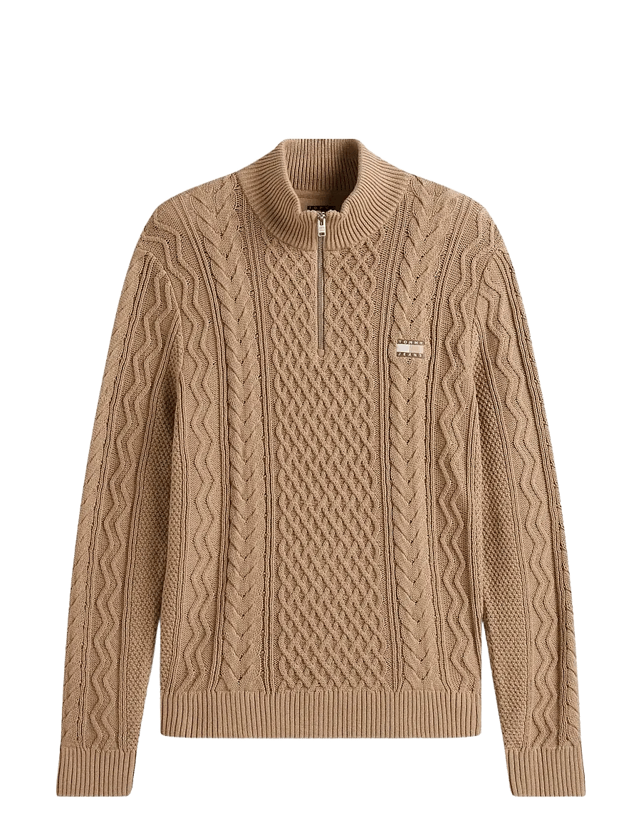 Tommy Jeans - TJM SLIM BADGE CABLE QRTR ZIP - swetry zapinane do połowy - coastal taupe tonal - 1