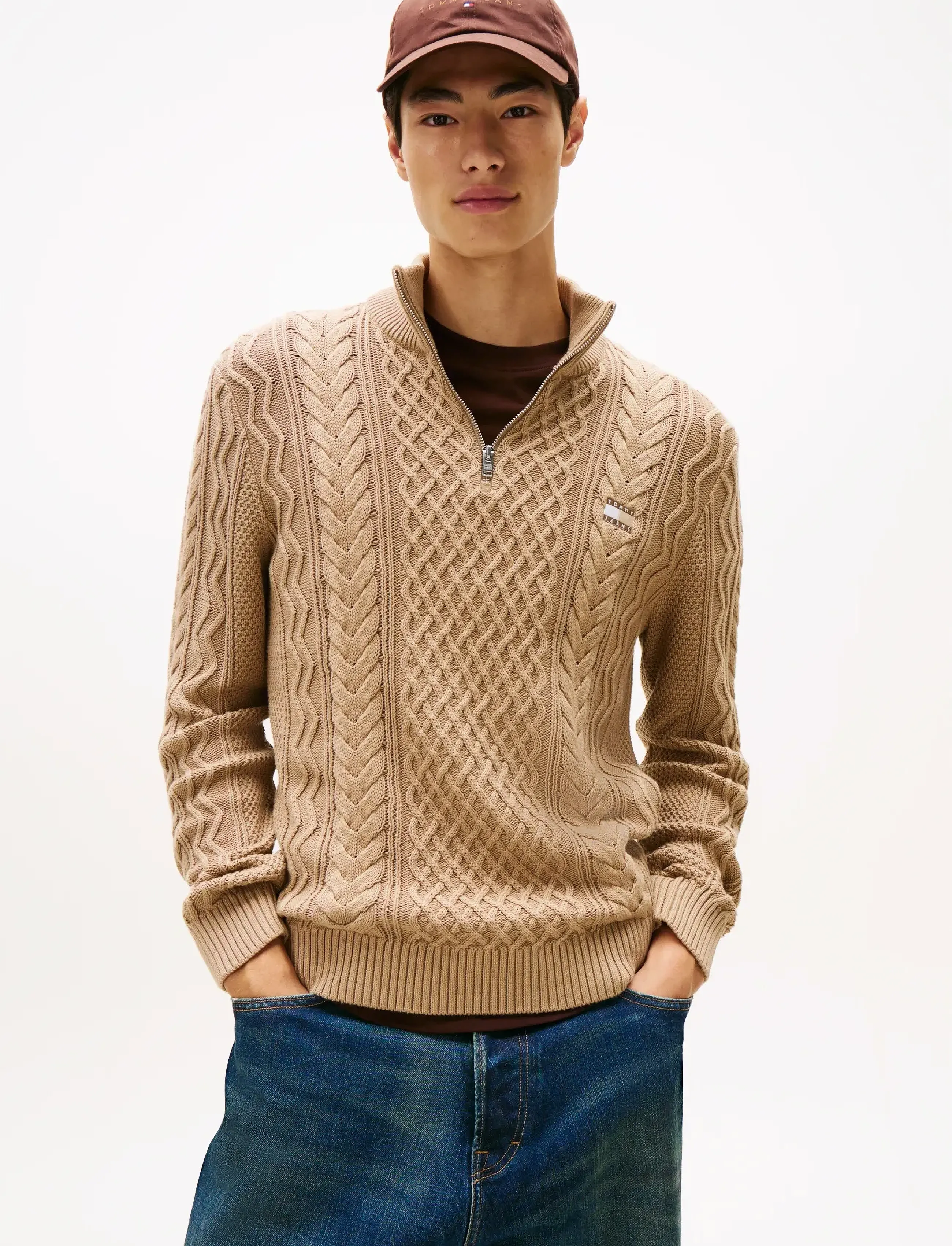Tommy Jeans TJM SLIM BADGE CABLE QRTR ZIP - Tommy Hilfiger - COASTAL TAUPE TONAL / beige